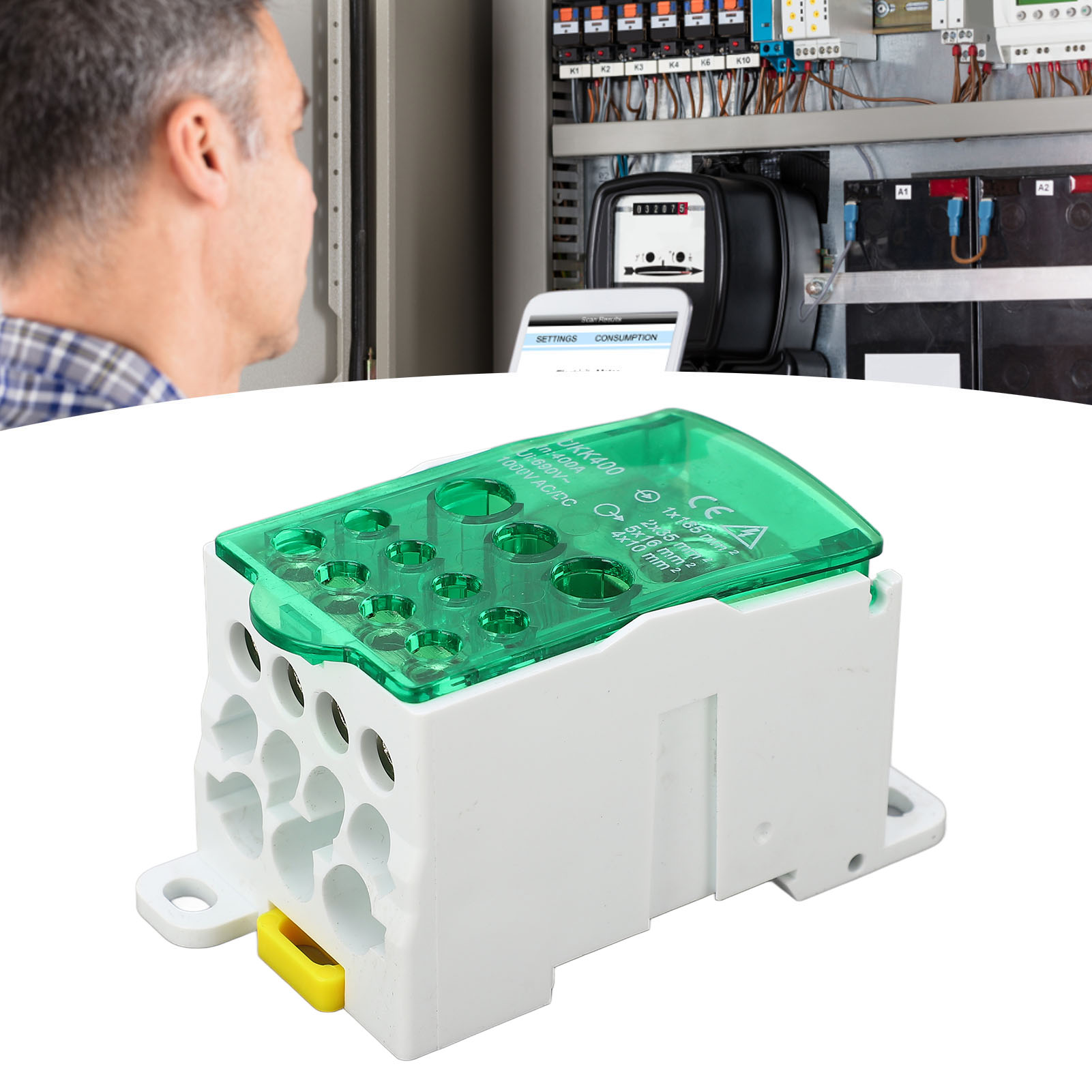 Ukk400 C45 Einpolige Din-schienen-anschlussdose, Modularer Verteiler, 690 V 400 A Grün.