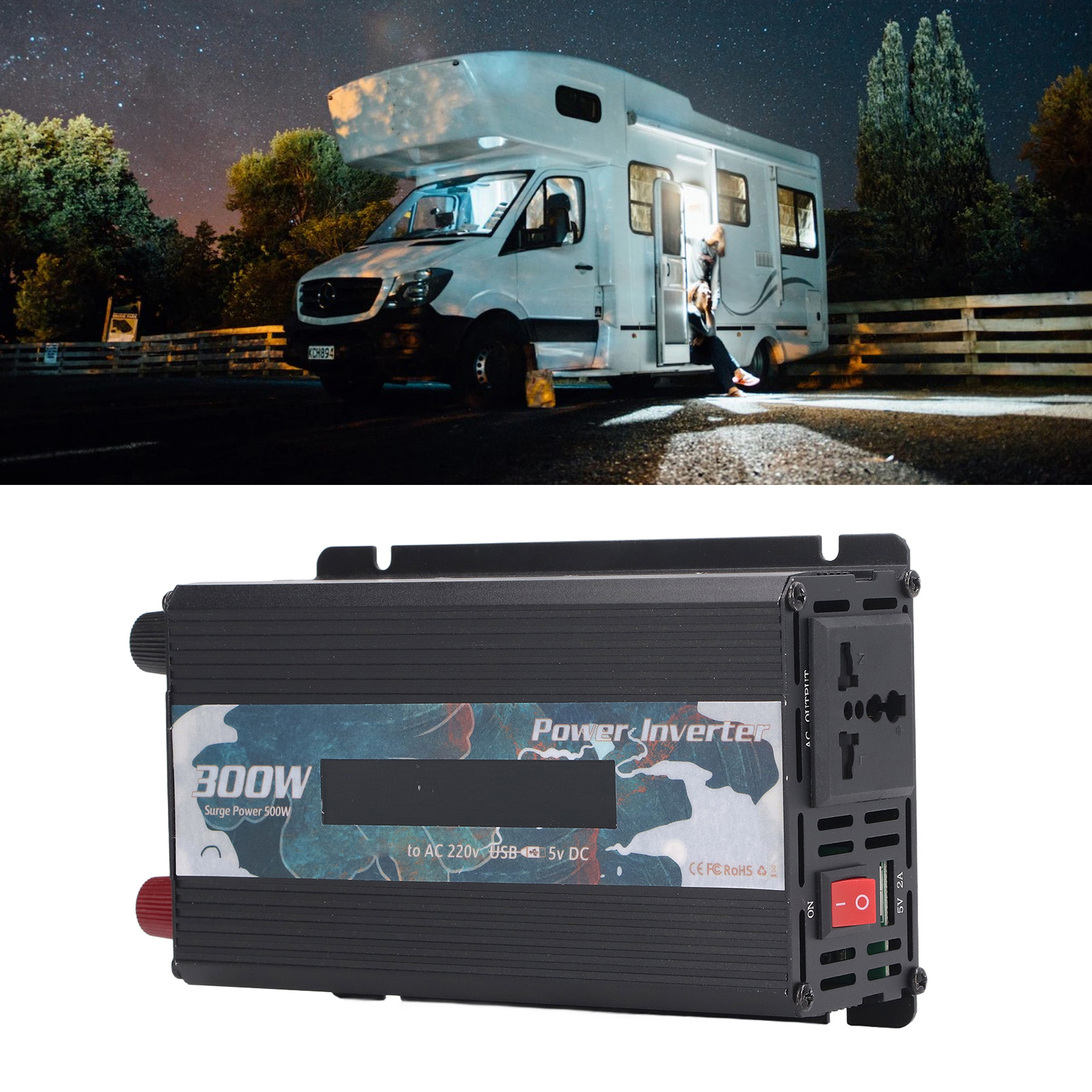 300-w-solarwechselrichter Für Den Außenbereich, Sinus-wechselrichter, 12 V/24 V Dc Auf 220 V Ac, Mit 2-a-usb-anschluss, Lüfter Und Lcd-display, Schwarz, 12 V Dc