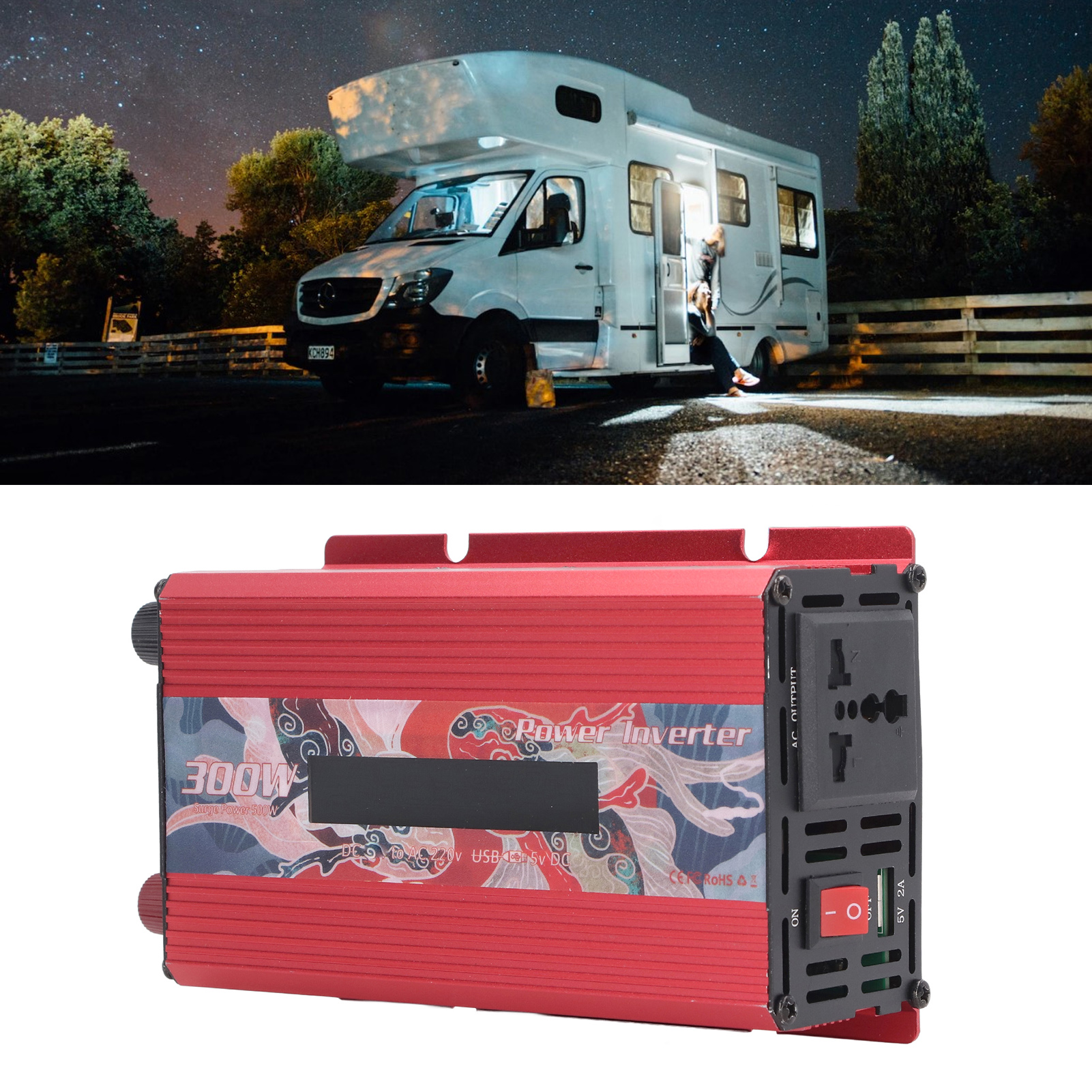300-w-solarwechselrichter Für Den Außenbereich, Sinus-wechselrichter, 12 V/24 V Dc Auf 220 V Ac, 2-a-usb-anschluss, Lüfter Und Lcd-display, Rote 24-v-dc-ausführung