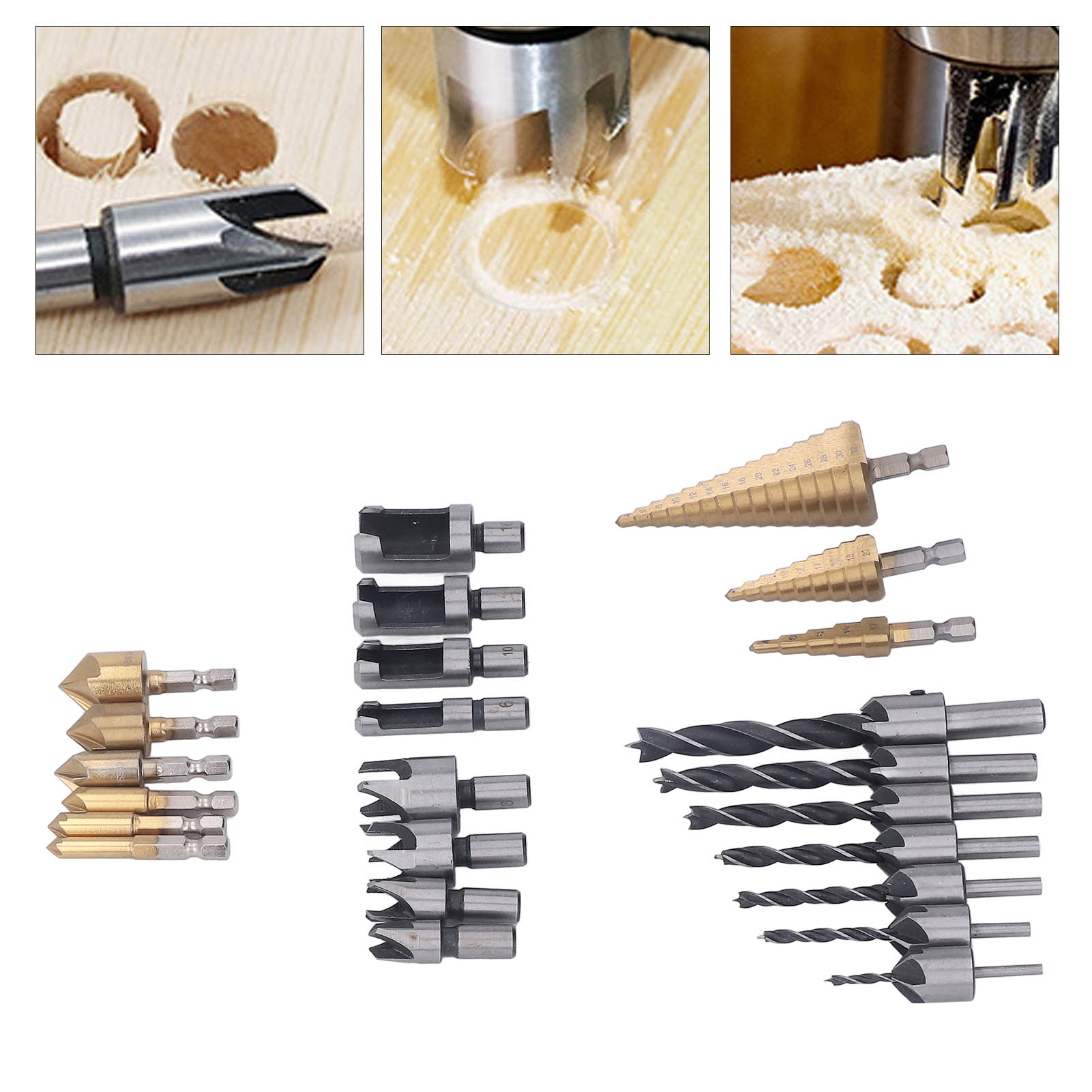 Dieses 26-teilige Holzbearbeitungswerkzeugset Enthält 6 Senker, 7 Dreiseitige Senker Mit L-schlüssel, 8 Holzdübelschneider, 3 Stufenbohrer Und Einen Automatischen Körner.