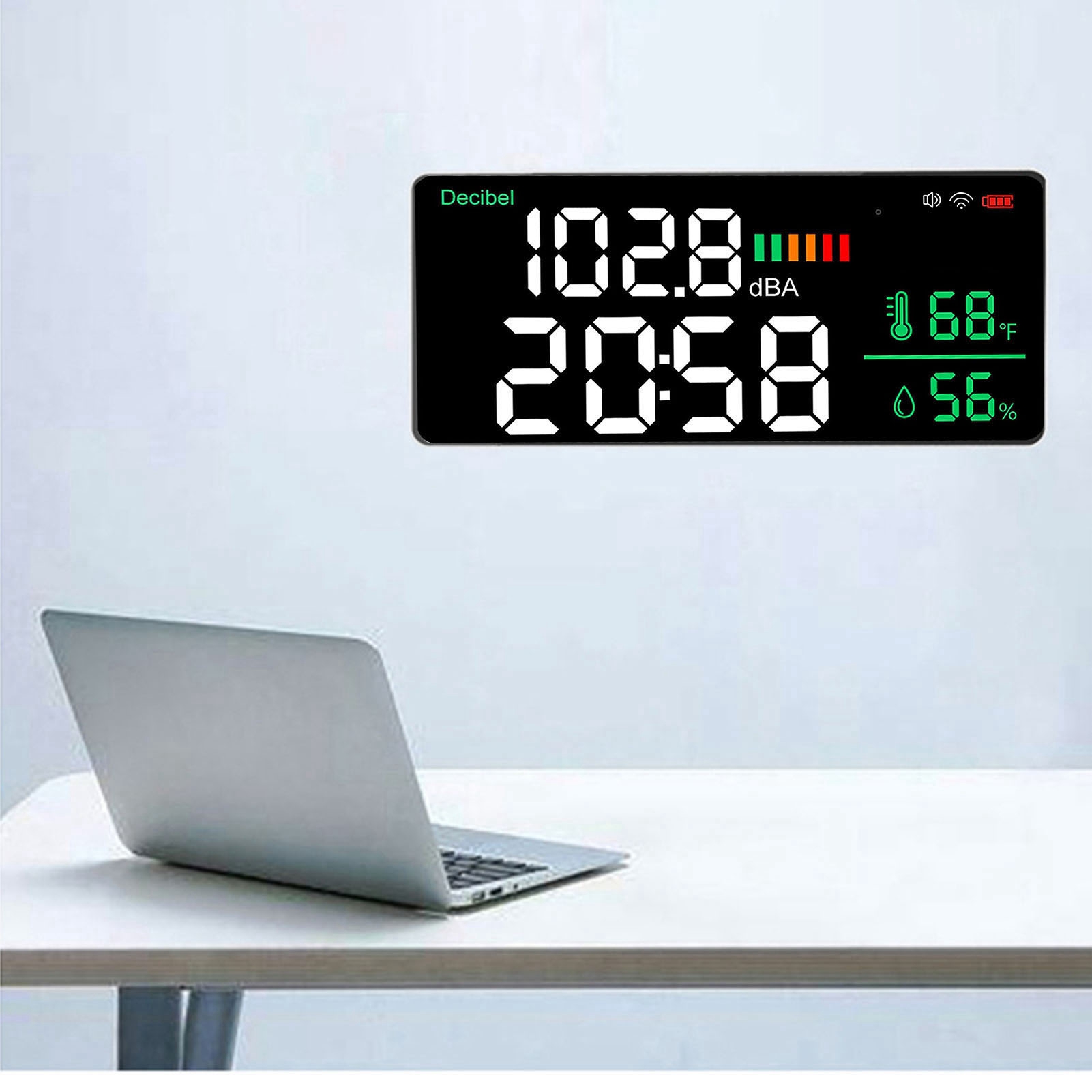 Das Tuya Dm165a Ist Ein Wandmontiertes Wlan-schallpegelmessgerät (30–130 Db) Mit Großem 11-zoll-led-display. Es Misst Lärm, Zeit, Temperatur Und Luftfeuchtigkeit. Ideal Für Wohnungen, Studios, Fabrike