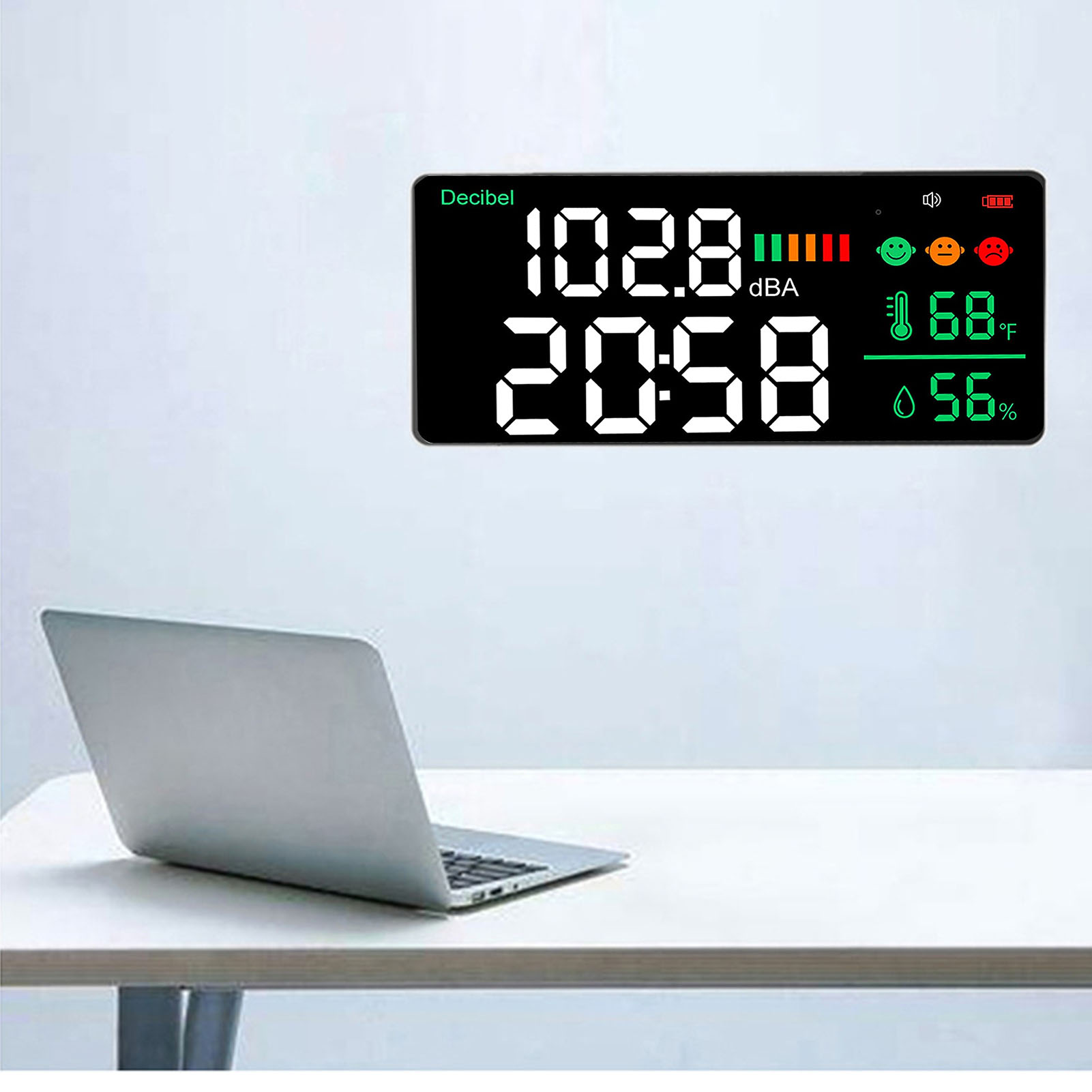 Dm165a Fahrenheit Wand-schallpegelmesser, Messbereich 30-130 Db, Großes 11-zoll-led-display, Misst Lärm, Zeit, Temperatur Und Luftfeuchtigkeit, Perfekt Geeignet Für Wohnungen, Studios, Fabriken Und Kl