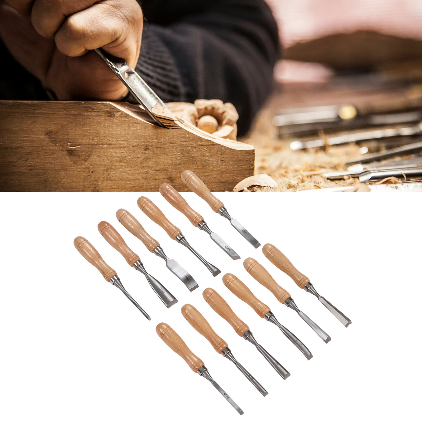Set Aus 12 Handgefertigten Holzmeißeln