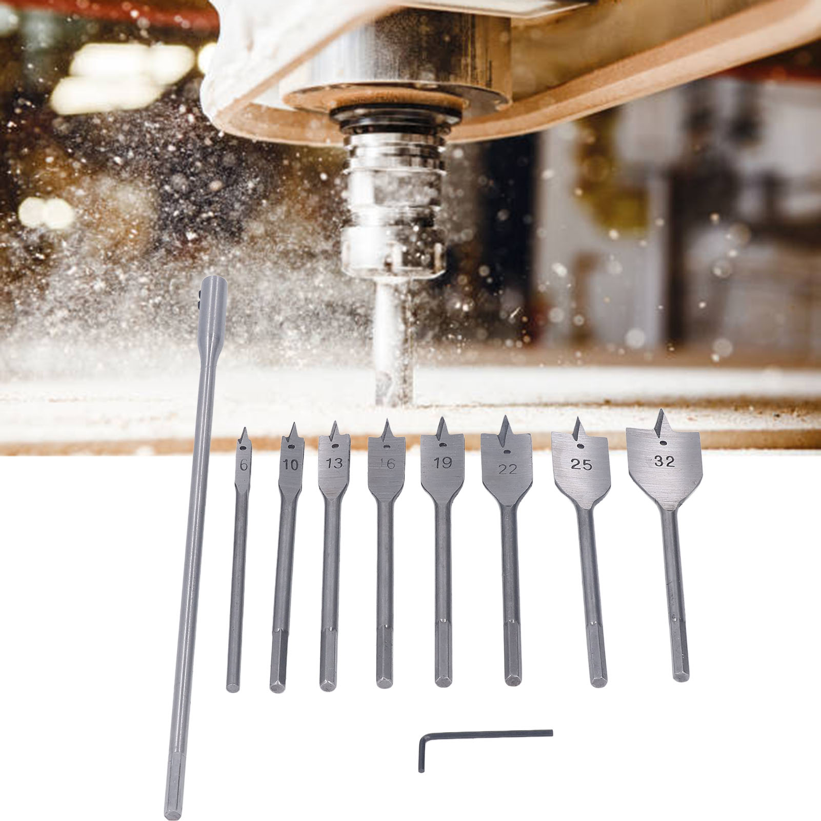 Set Mit 10 Flachen Dreikantbohrern Für Die Holzbearbeitung: 6, 10, 13, 16, 19, 22, 25, 32 Mm