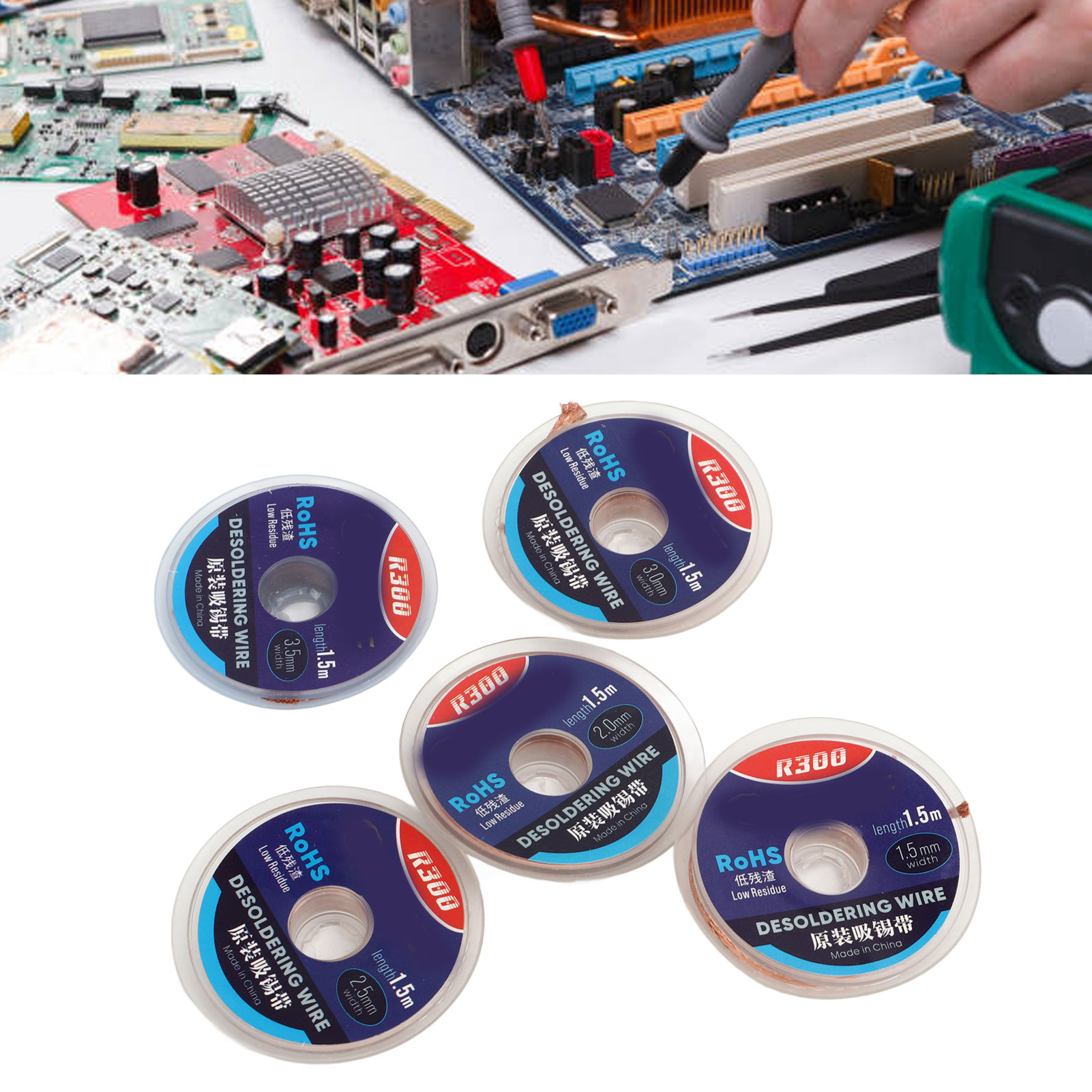 Reparatur-entlöt- Und Abisolierset (5-teilig): R300 Entlötdraht, Rückstandsarmes Entlötband, Entlöt- Und Abisolierset.
