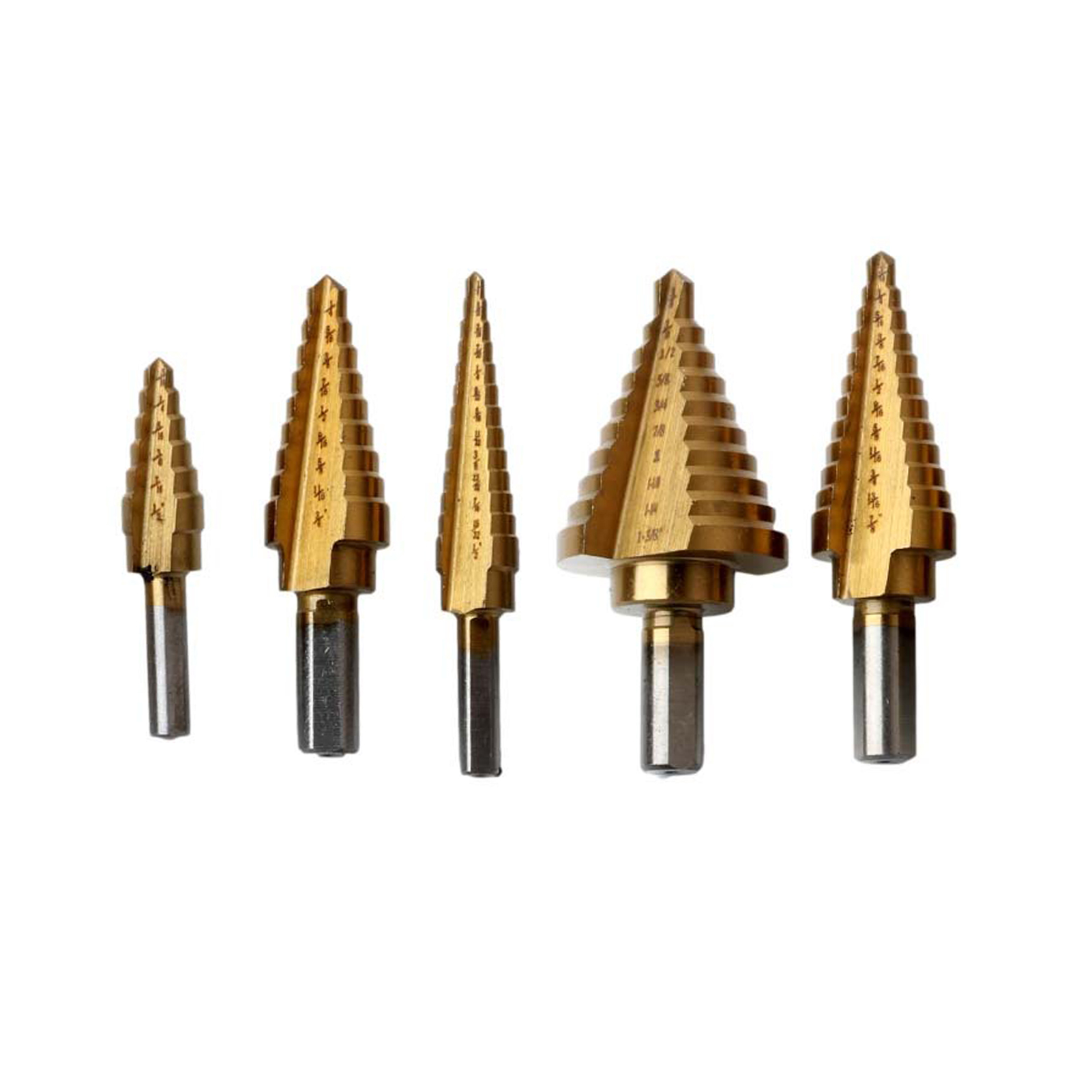 Set Aus 6 Dreieckigen Stufenbohrern Mit Titanbeschichtetem Schaft Aus Aluminium.
