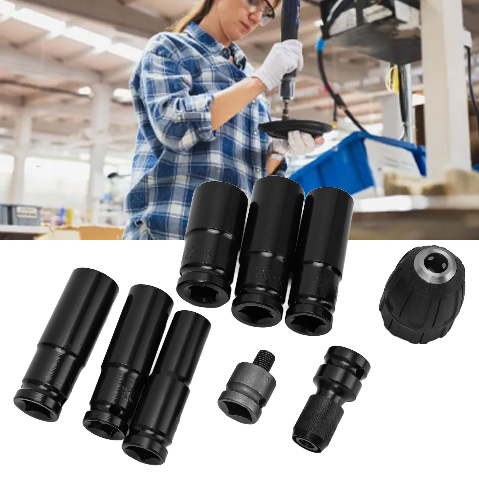 9-teiliges Set Bestehend Aus Einem Pneumatischen Steckschlüssel, Einem 1/2"-schrauben- Und Mutternschlüssel, Einem Elektrischen Schraubenschlüssel, Einem Verlängerten Sechskant-steckschlüssel Und Eine