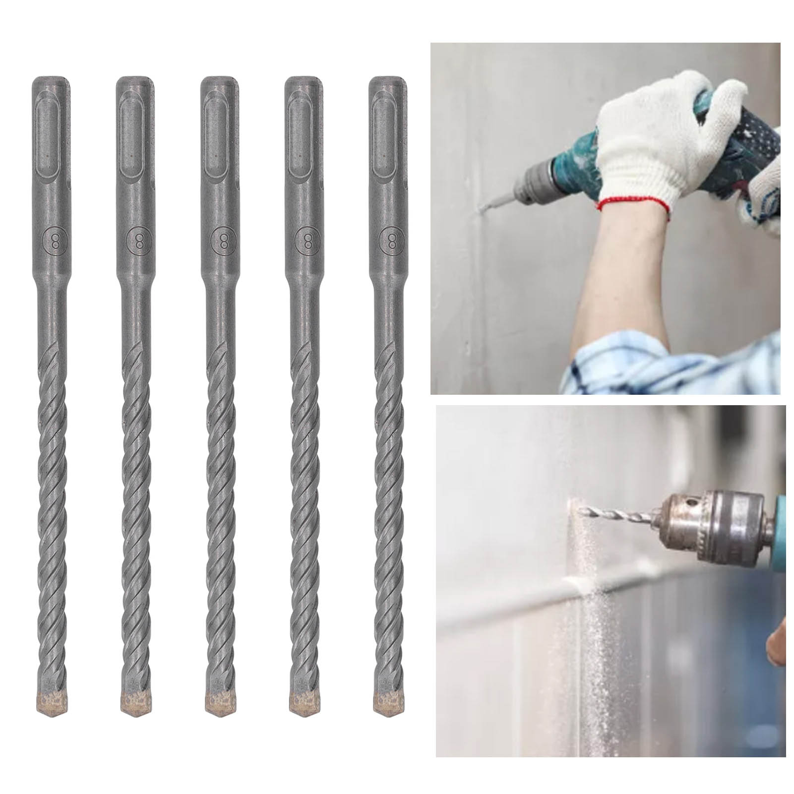 Set Mit 5 Schlagbohrern, 160 Mm Lang, Hartmetallspitzen Für Rotierende Schlagbohrer Für Ziegel, Stein Und Beton, 8 Mm.