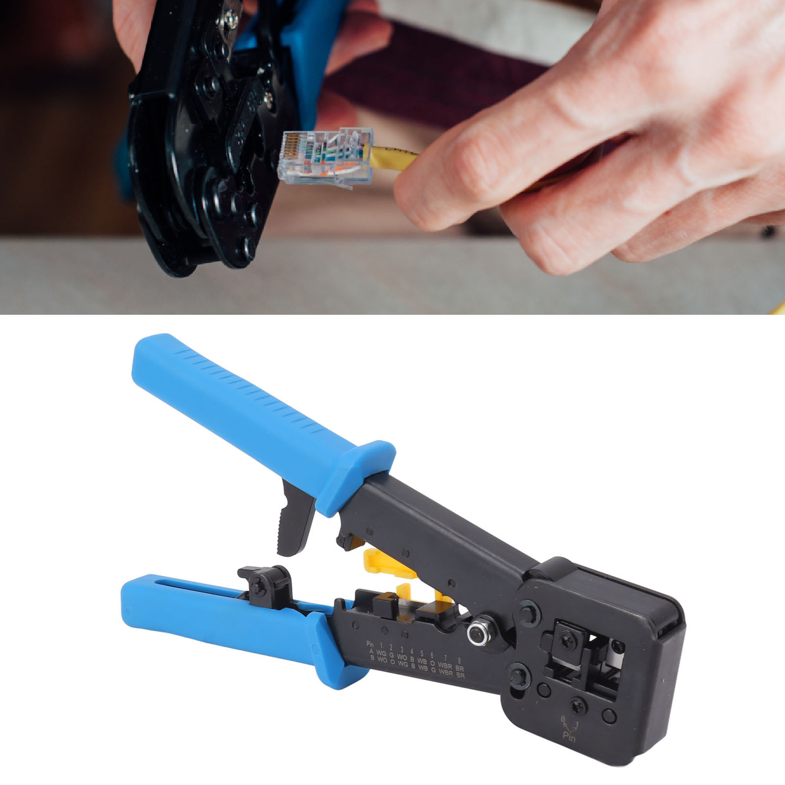 Multifunktionales Crimpwerkzeug Für Rj45-netzwerkkabel, Kompatibel Mit Cat5-, Cat5e- Und Cat6-rj45-steckern Sowie Standard-rj12/rj11-steckern. Enthält 20 Stecker, 20 Kappen Und Ein Abisolierwerkzeug.