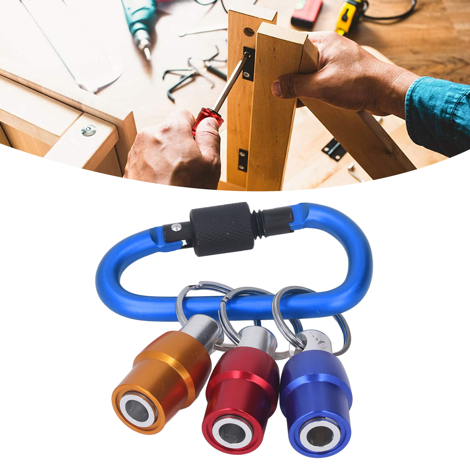Bithalter Für 1/4-zoll-sechskantschraubendreher Mit Schlüsselring, Magnetischer Verlängerung Und Halterung Für Die Meisten Tragbaren Elektroschrauber Und Bohrer. Blauer Karabinerhaken + Rote, Gelbe Un
