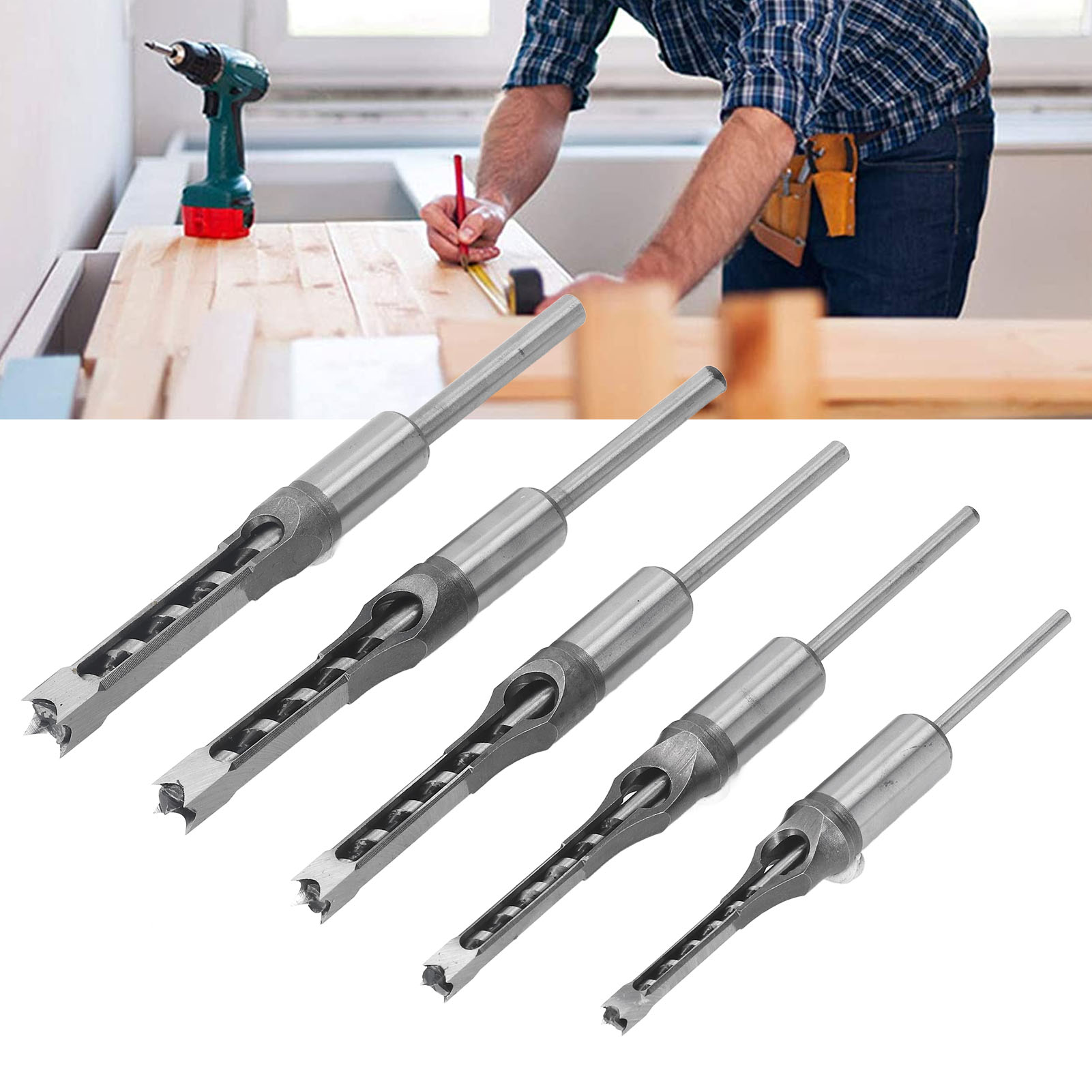 Set Mit 5 Vierkantbohrern Für Die Holzbearbeitung, Hss-stichdorn, Senker, Lochsäge Für Die Holzbearbeitung, Elektrowerkzeug-set (6,4/8,0/9,5/11,0/12,7 Mm)