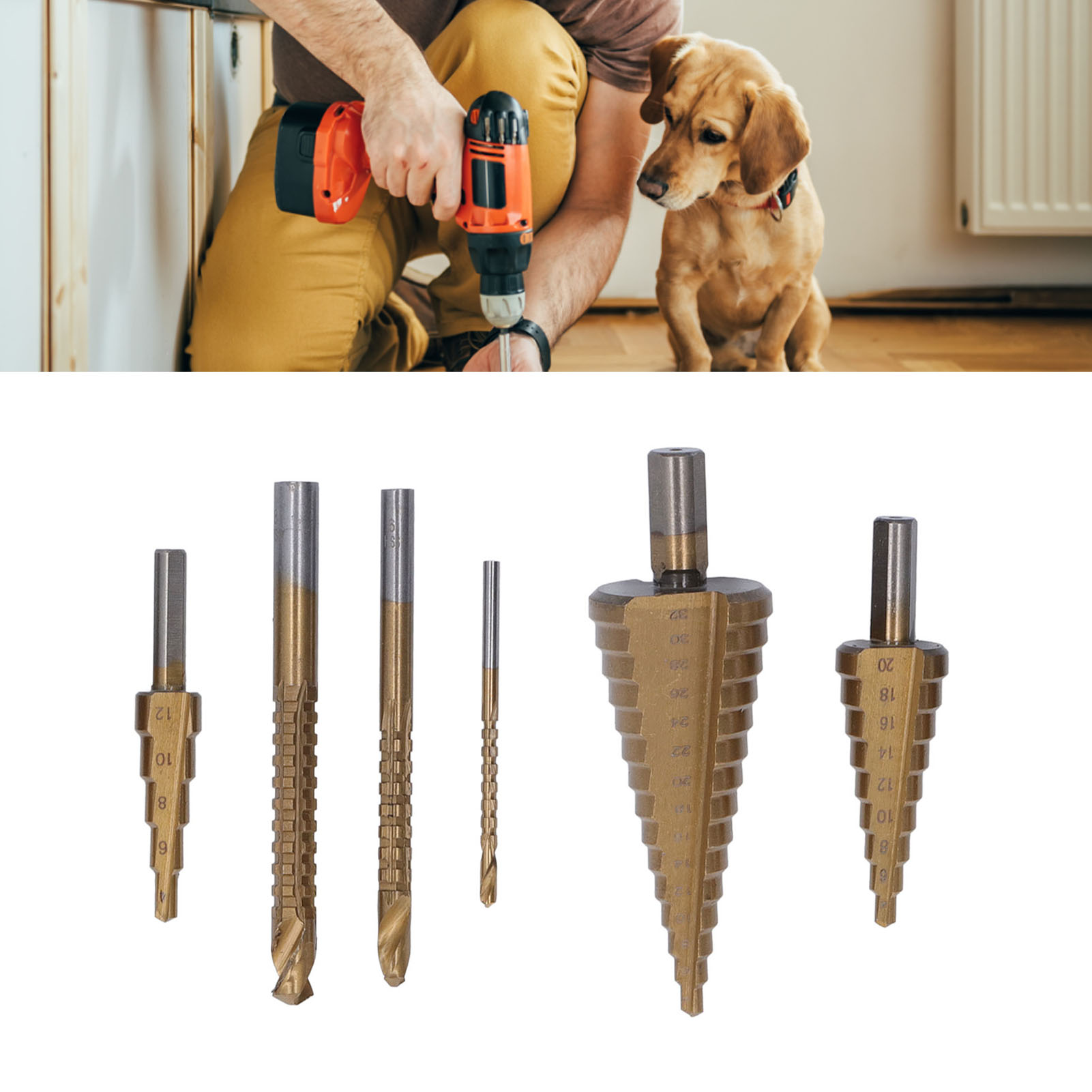 Pagodenbohrer-set Bestehend Aus Einem Titanbeschichteten Pagodenbohrer, Einem Sägezahn-spiralbohrer Und Profilbohrern.