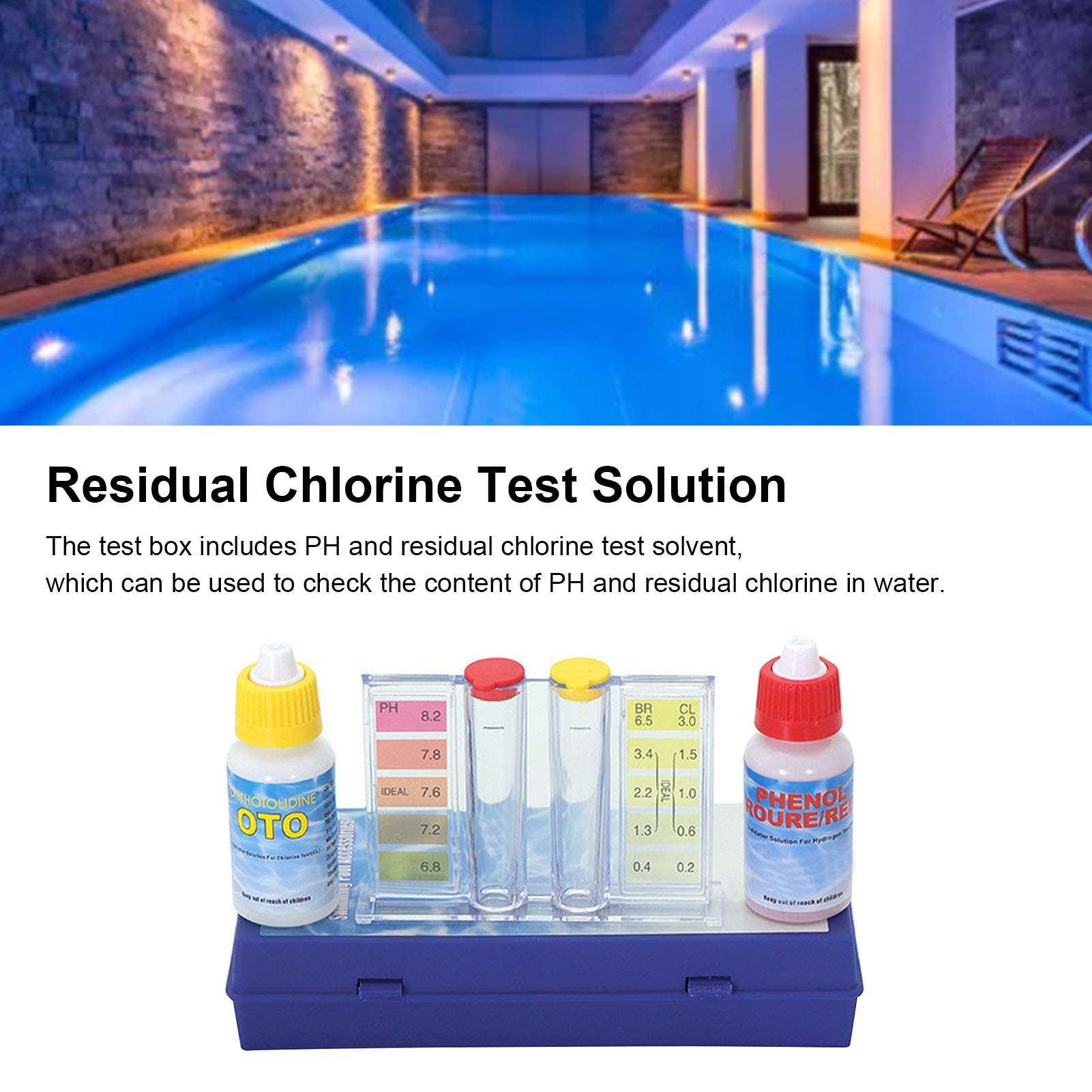 Schwimmbadausrüstung: Ph-testset, Wasseranalyseset, Restchlorbehälter, Oto-poolpflegegeräte