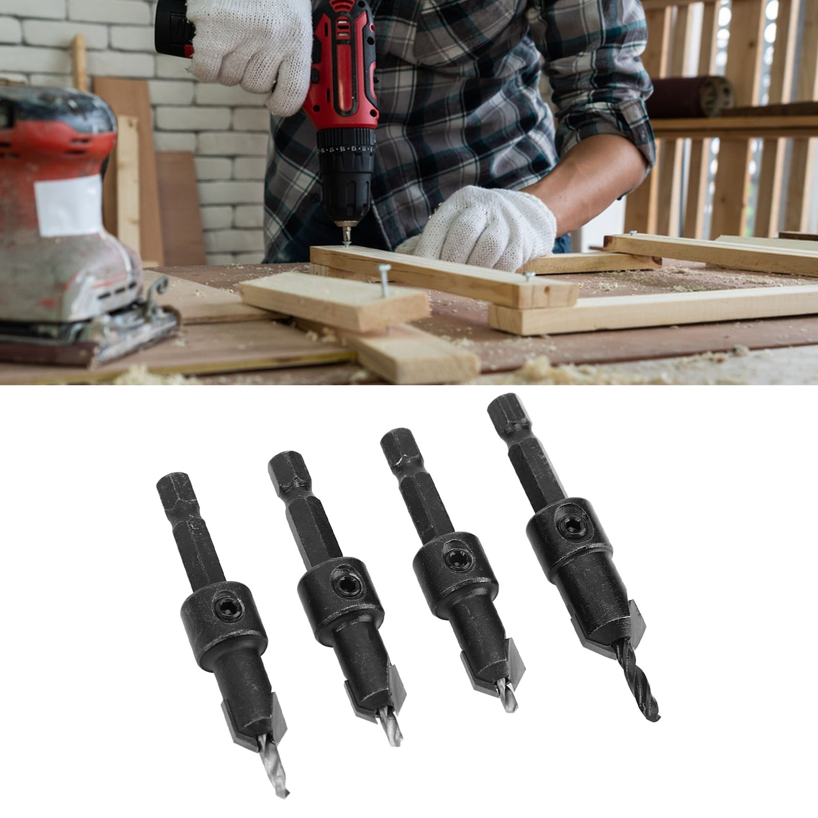 Set Aus Sechseckigen Senkbohrern Für Die Holzbearbeitung, Senkbohrern, Stufenbohrern Und Selbstschneidenden Schrauben.