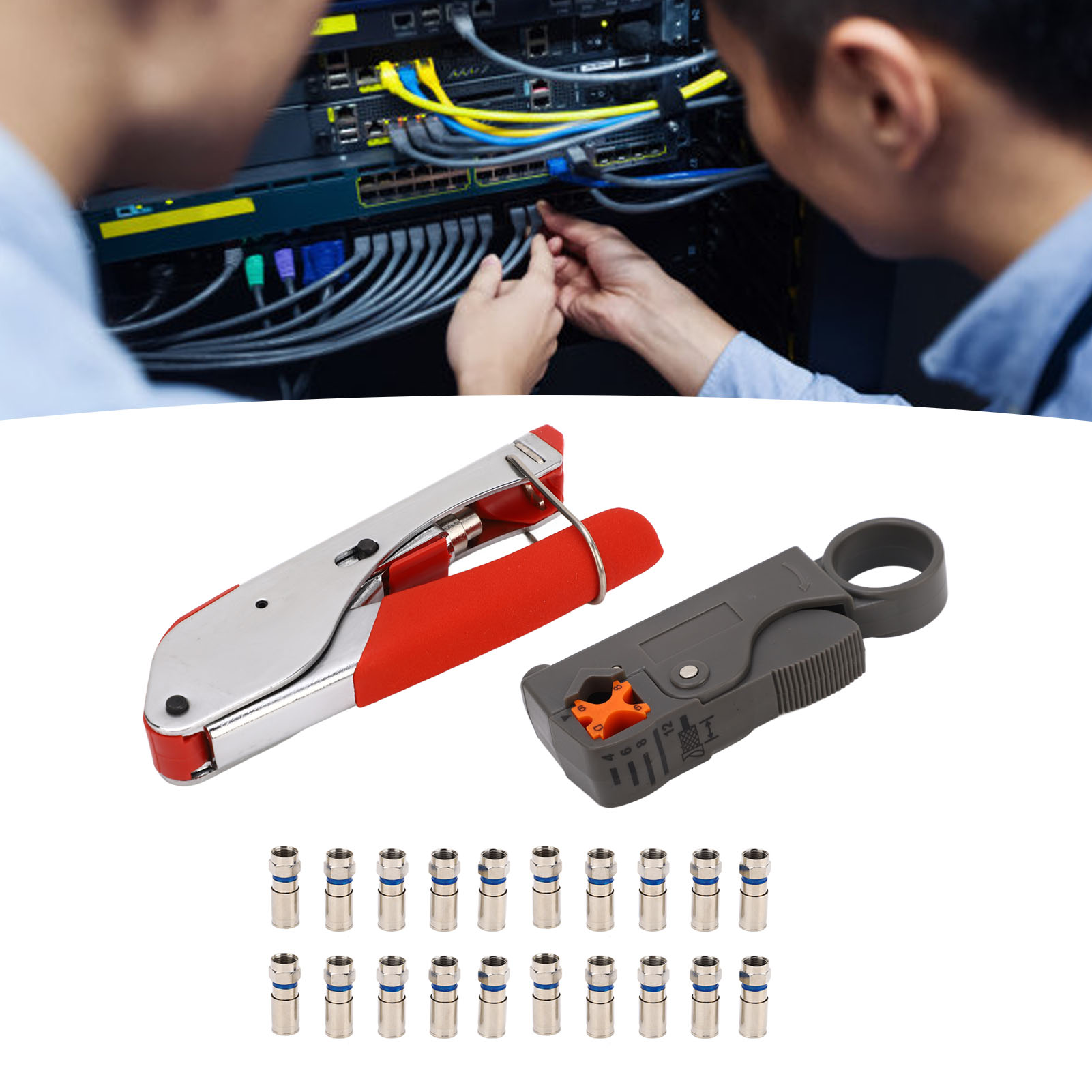 Koaxialkabel-kompressionswerkzeug-set, Rg6-koaxialkabel-kompressionswerkzeug-set Mit 20 Rg6-steckern, Koaxialkabel-abisolierwerkzeug