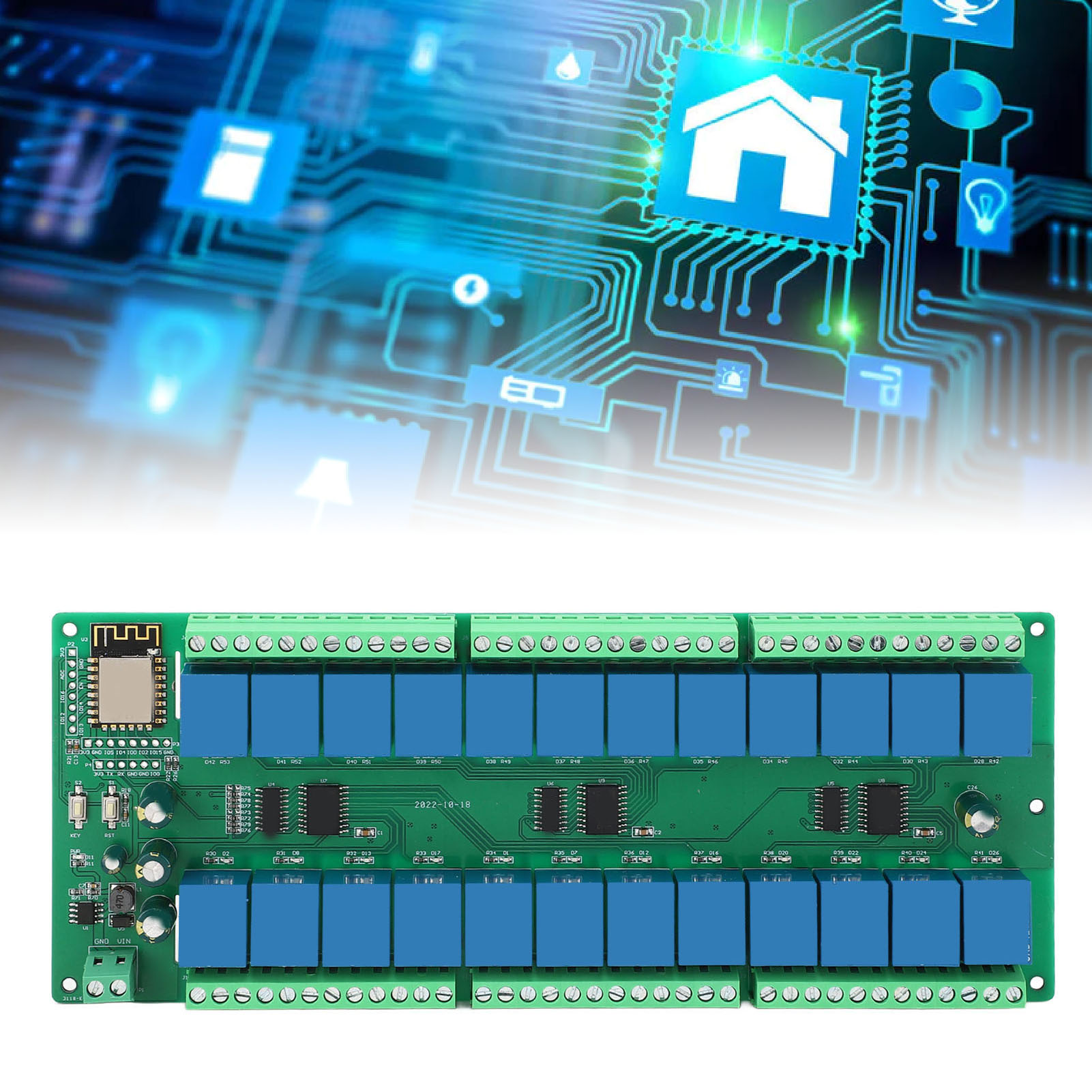 Das Esp-12f Entwicklungsboard, Ein 24-kanal 10a Esp8266 Wi-fi-relaismodul, Wird Zur Drahtlosen Steuerung Von Dc12v Smart Homes Verwendet.