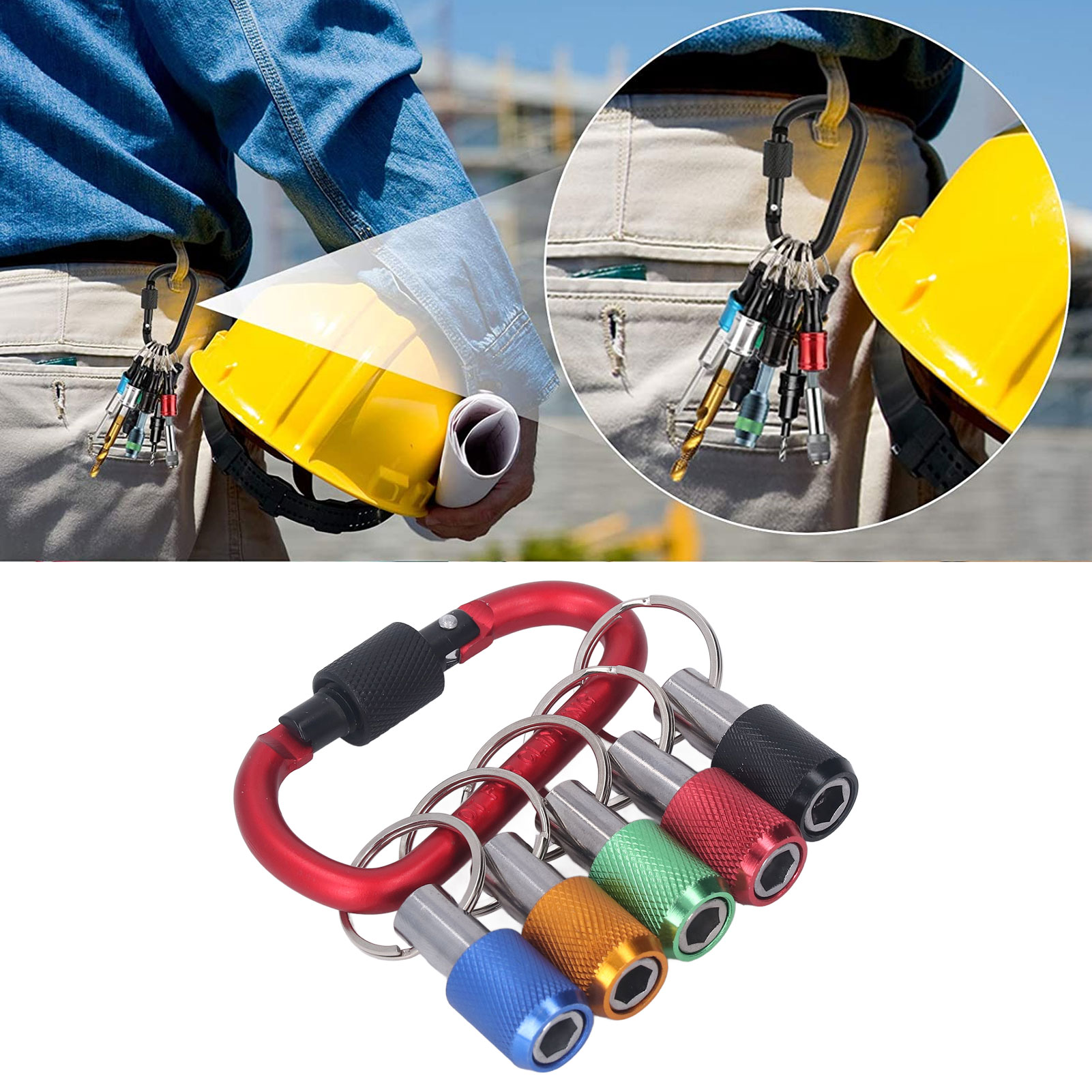 1/4-zoll-sechskant-schraubendreherbithalter Mit Schlüsselring Und Verlängerung, Kompatibel Mit Den Meisten Tragbaren Elektroschraubern Und Bohrmaschinen. Roter Karabinerhaken + Rote, Gelbe, Blaue, Grü