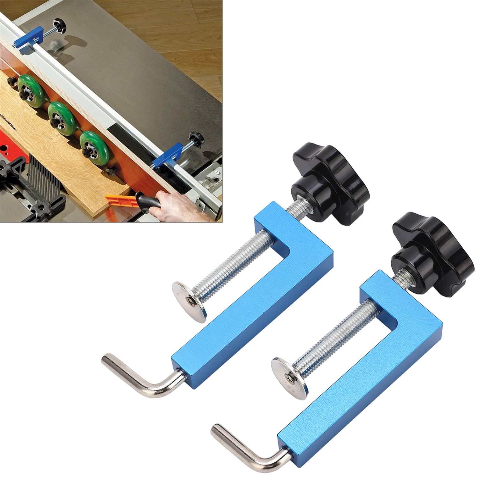 Zwei Universelle, Verstellbare G-klemmen Für Die Holzbearbeitung Mit Robusten Aluminiumkörpern, Geeignet Für Gehrungssägen, Fräsmaschinen Und Kreissägen.