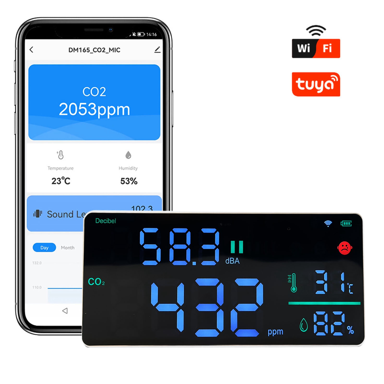 Dm165 Tuya Wifi Wandmontiertes Digitales Schallpegelmessgerät Mit Großem 11-zoll-bildschirm + Co2-messgerät + Thermometer Und Hygrometer