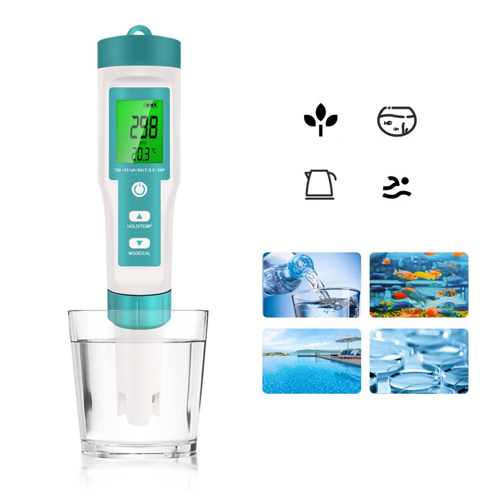 7-in-1-tragbares Analysegerät: Ph/tds/temp/ec/salzgehalt/sg/orp