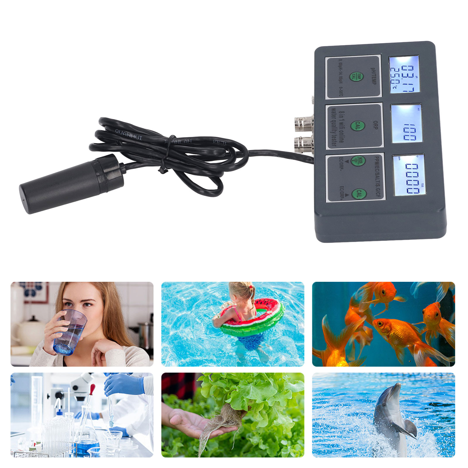 8-in-1-wlan-wasserqualitätstester (sg/ph/ec/salt/orp/tds/cf/temp), Mit Graffiti-app, Online-aquarienüberwachungssystem, Europäischer Standard 230v.