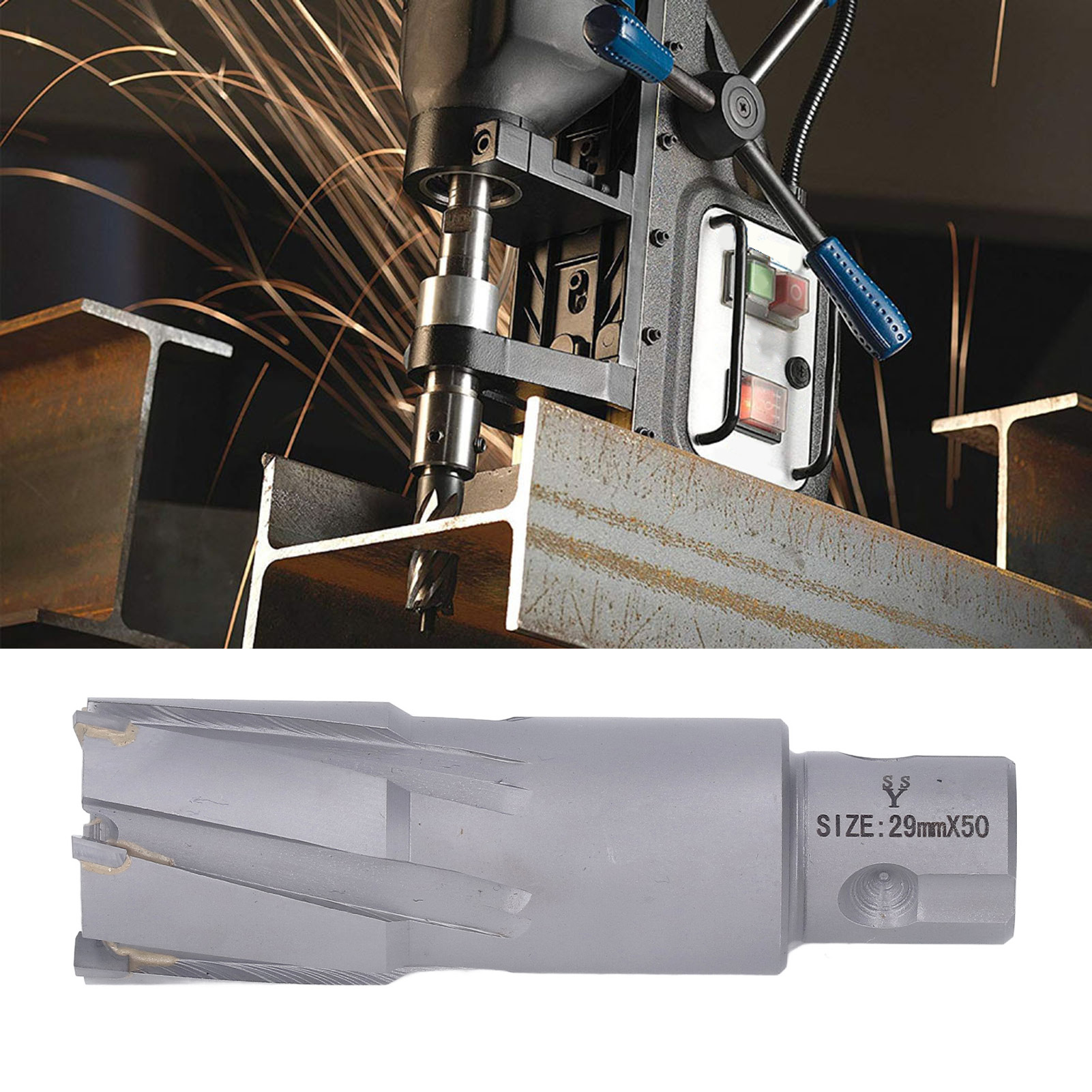 Ein Metrischer Hartmetall-plattenbohrer Für Magnetbohren Mit Einer Tiefe Von 50 Mm Und Ein Hohlbohrer Für Stahlplatten Mit Einer Tiefe Von 29 Mm.