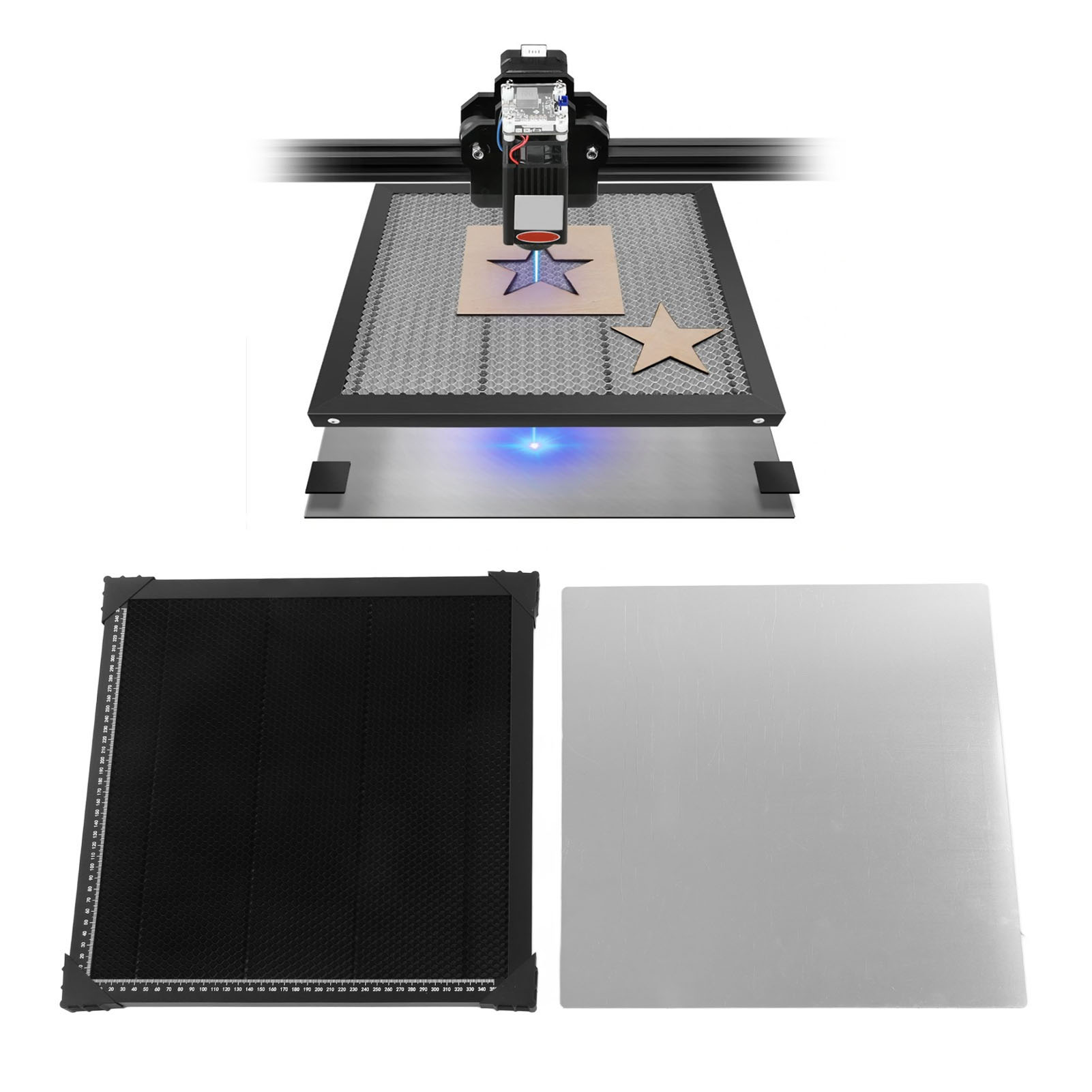 Der Stahlwaben-arbeitstisch Der Laserschneid- Und Graviermaschine Verfügt Über Eine Lichtreflektierende Aluminiumplatte Zur Schnellen Wärmeableitung Und Zum Schutz Des Arbeitstisches (400x400mm).