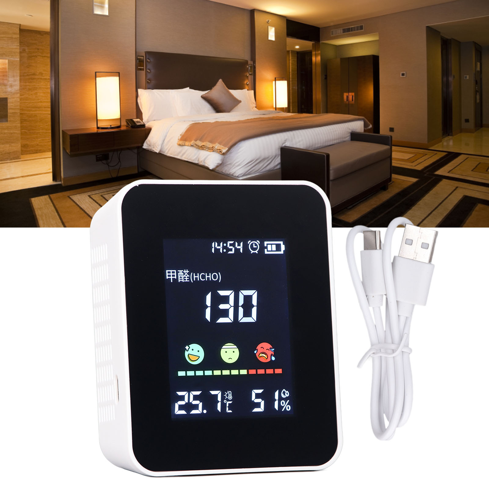 5-in-1-raumluftqualitätsmonitor (5 V) Mit Formaldehyderkennung, Thermometer, Hygrometer, Uhr Und Wecker