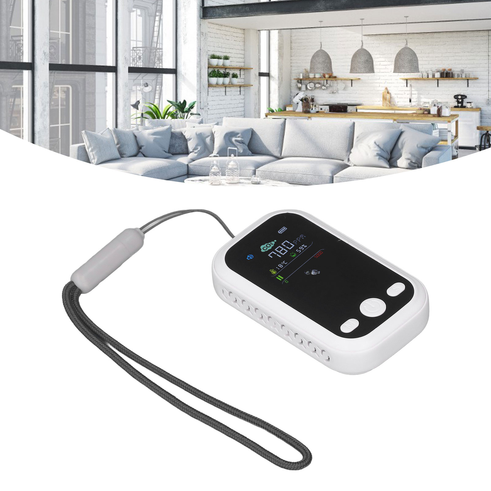 Kohlendioxiddetektor, Usb-wiederaufladbarer Multifunktionaler Temperatur- Und Feuchtigkeitsdetektor, Tragbarer Luftqualitätsdetektor Zum Tragen Um Den Hals, Weiß.