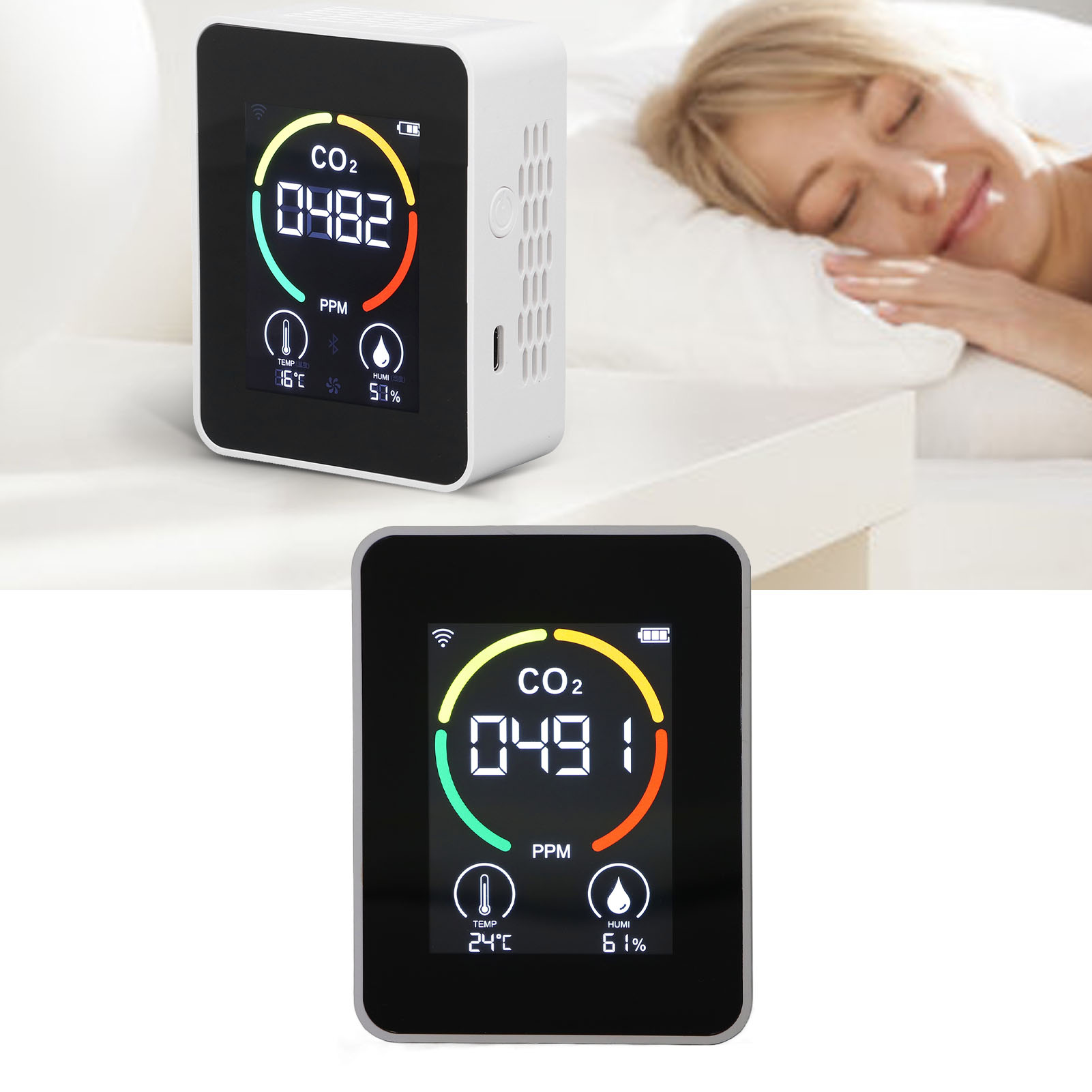 Weißer Infrarot-co2-detektor Mit Wlan Zur Echtzeit-anzeige Von Co2, Temperatur, Luftfeuchtigkeit Und Luftqualität Auf Mobiltelefonen.