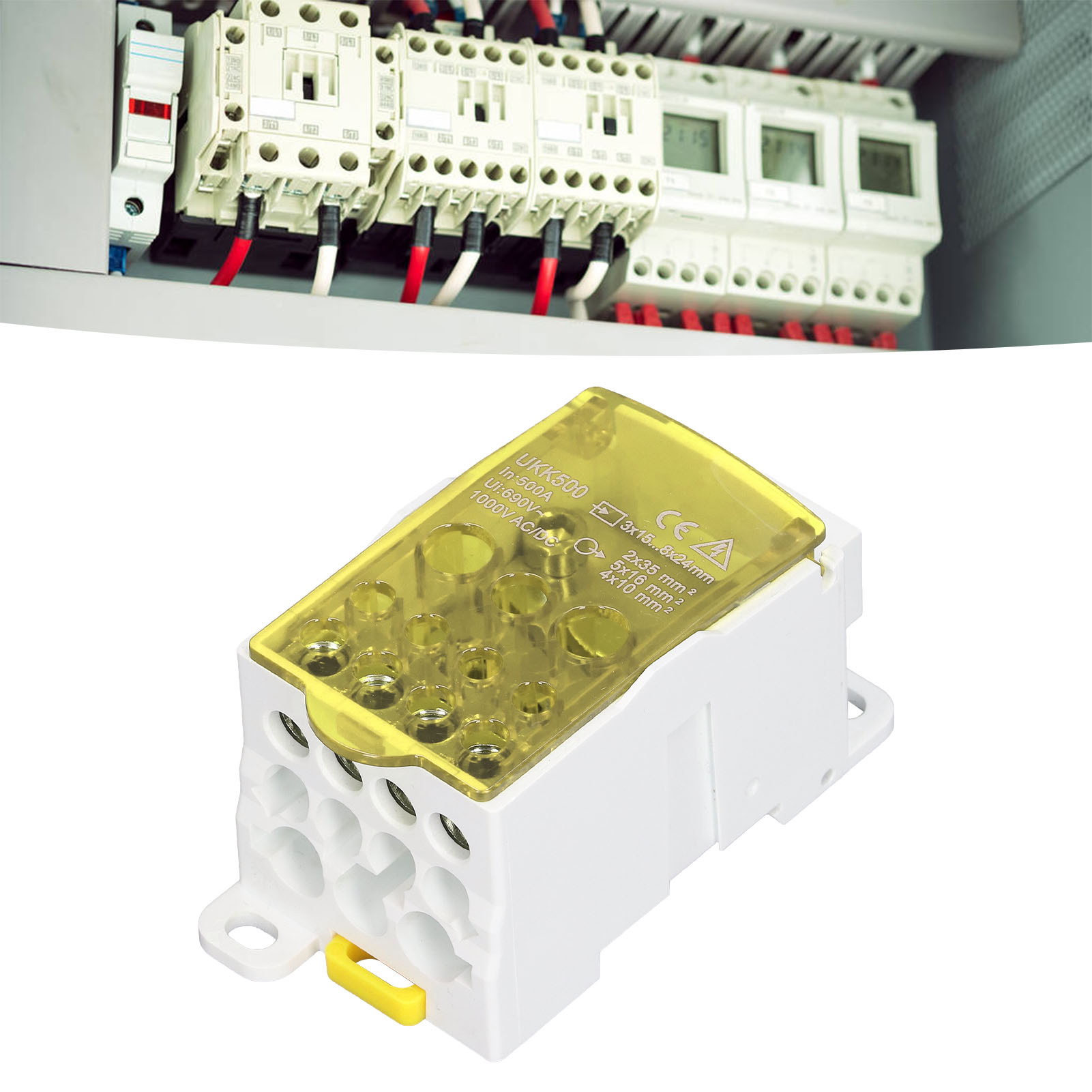 Ukk500 C45 Din-schienen-anschlussdose, Einpolig, Modularer Verteiler, 690 V 500 A, Gelb.