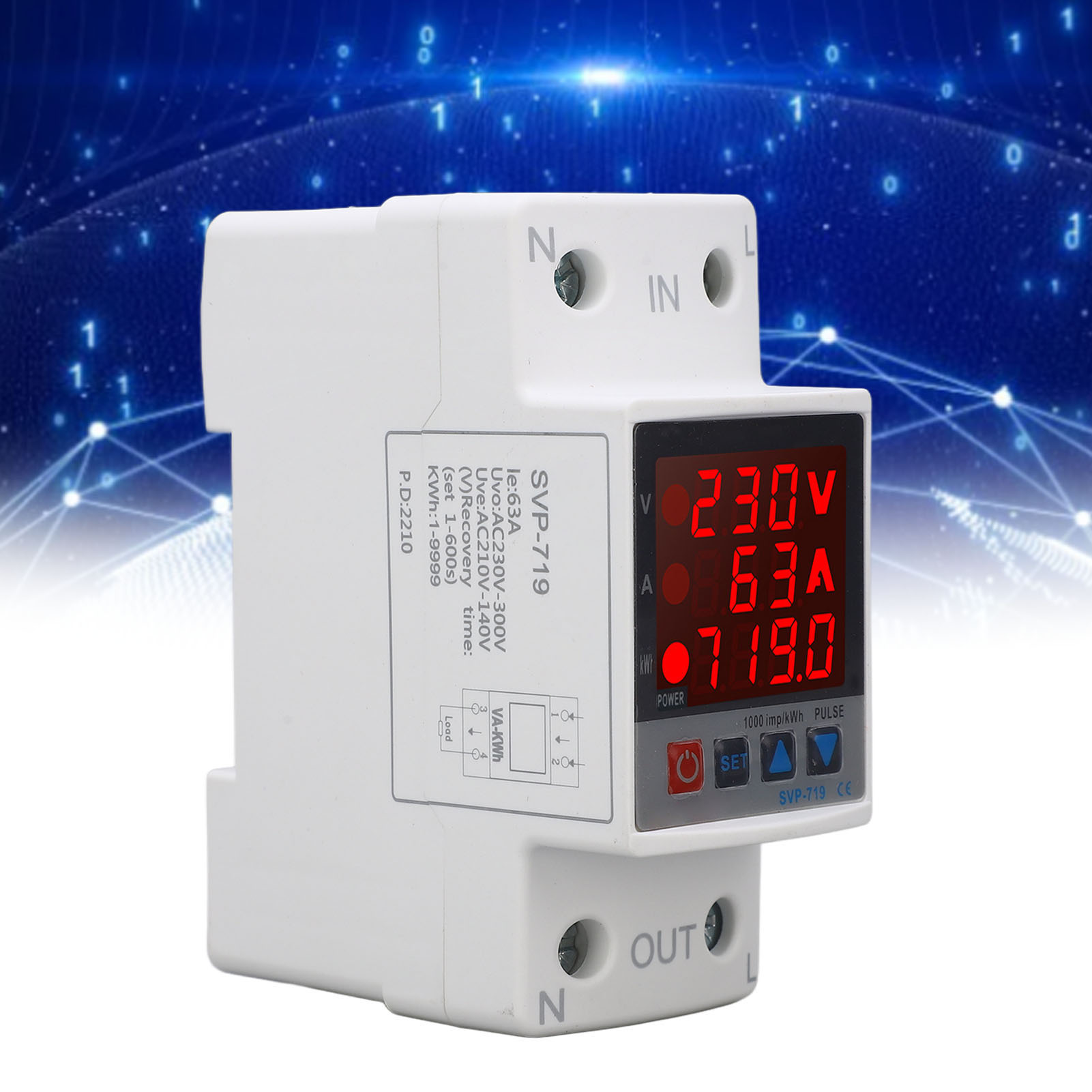 Svp-719 Ac220v Din, Intelligenter Überspannungs-/unterspannungsschutz Mit Einstellbarer Automatischer Rückstellung, Strombegrenzung, Zeitverzögerung Und Leistungsanzeige, 63 A