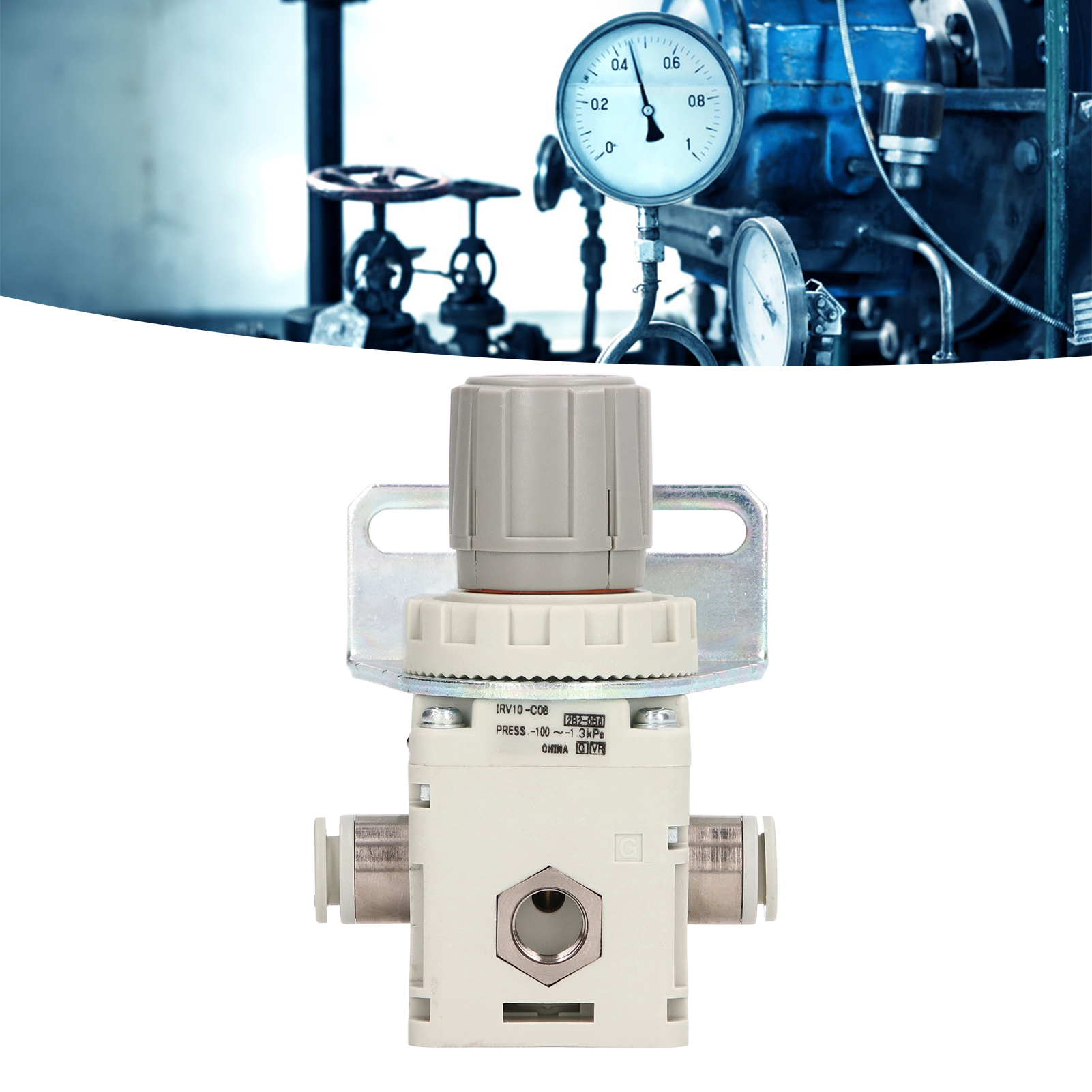 Irv10-c08 Mit 8 Mm Geradem Rohr + Irv10-b Halterung. Pneumatisches Druckminderungsventil Vom Typ Smc, Geeignet Für Verbindungsrohre Mit 8 Mm Außendurchmesser.