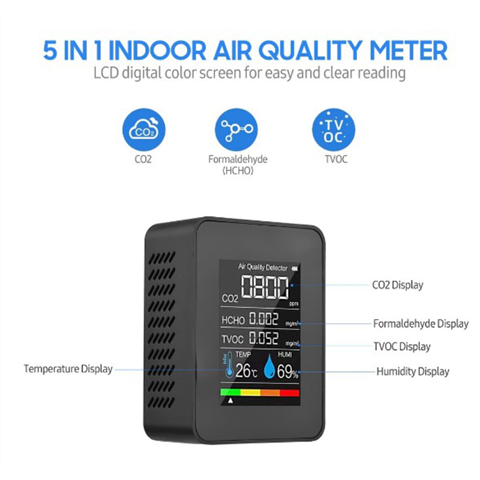 Multifunktionaler Ndir-kohlendioxiddetektor, Pm2.5-formaldehyddetektor, Temperatur- Und Feuchtigkeitsdetektor, Luftqualitätsdetektor, Schwarzer Halbleiter.