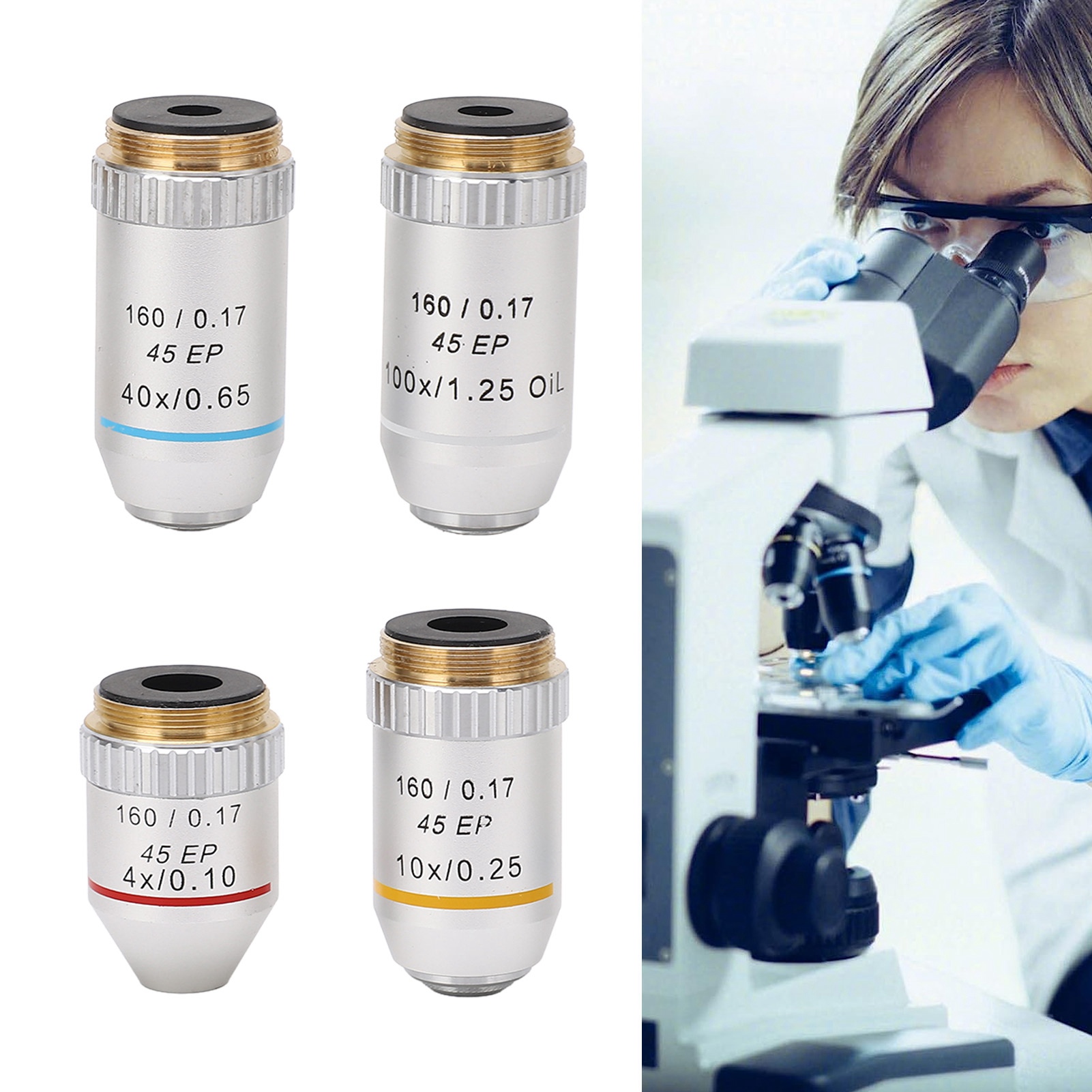 Biologische Mikroskopobjektive Mit 4x, 10x, 40x Und 100x Vergrößerung Sowie Achromatische Objektive Des Typs 195ep Können Als Zubehör Für Mikroskope/teleskope Verwendet Werden.