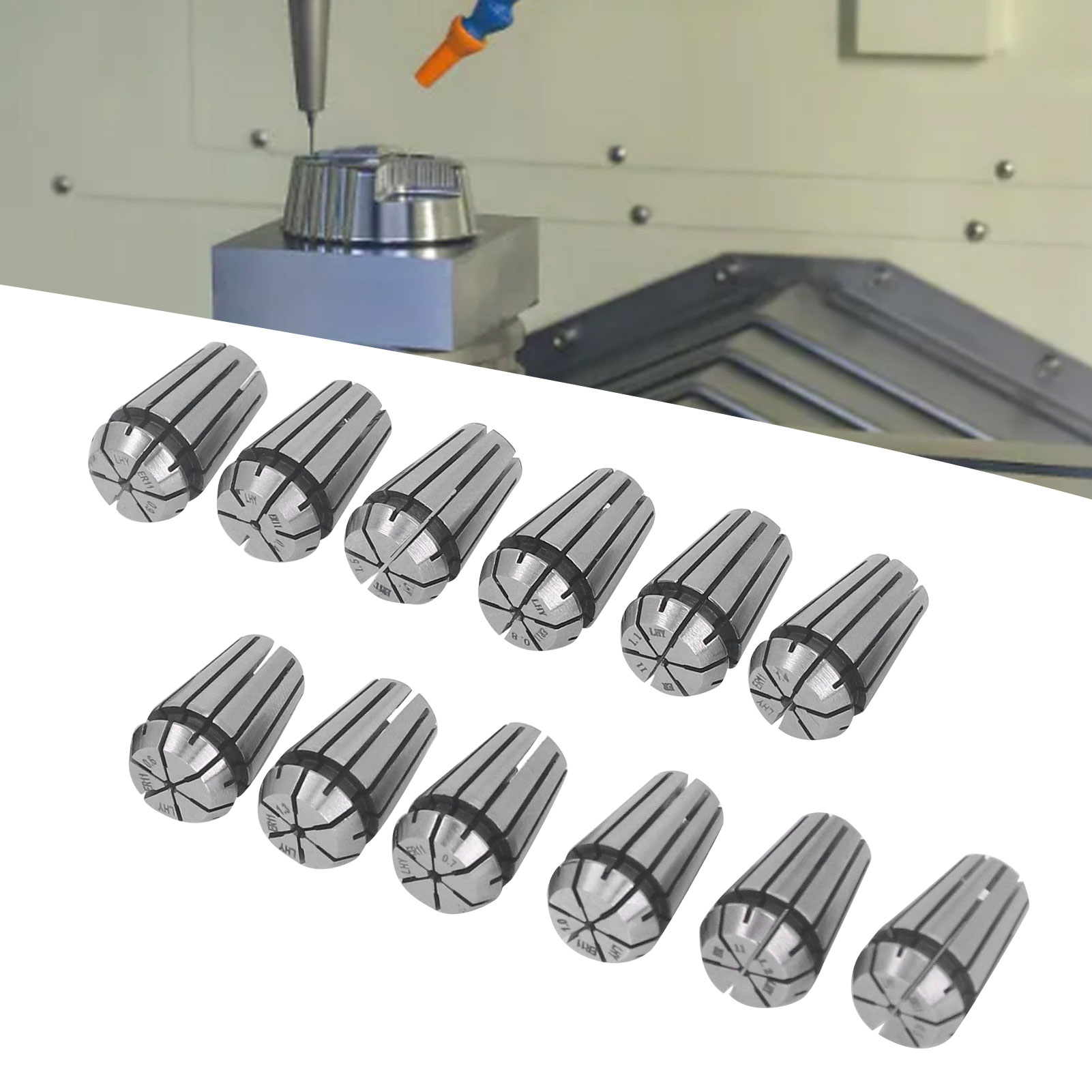 Er11 12-teiliges Cnc-hochpräzisionsfutter Mit Federbelasteter Spannzange Für Spindeln Von Hochpräzisions-graviermaschinen. Spannzangengrößen: 0,4 Mm, 0,5 Mm, 0,6 Mm, 0,7 Mm, 0,8 Mm 0,9 Mm, 1,0 Mm, 1,1