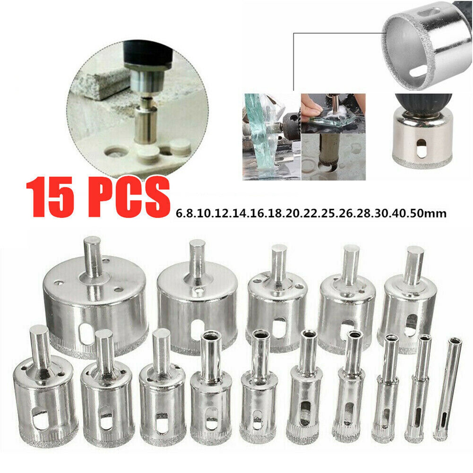 Set Mit 15 Diamantbohrern Für Lochsägen, Schneidwerkzeug Von 6 Bis 50 Mm Für Fliesen, Marmor Und Glas.