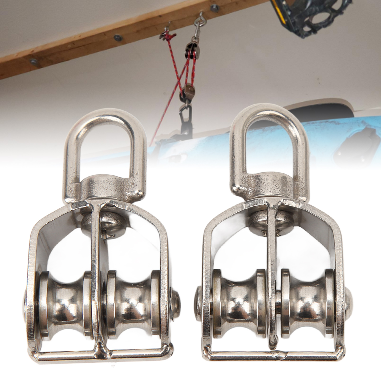 Zwei M15-doppelrollen Zu Verkaufen. Diese Rollen Aus Edelstahl Haben Eine Tragfähigkeit Von 35 Kg Und Werden Zum Heben Von Kabeln An Kränen Verwendet.