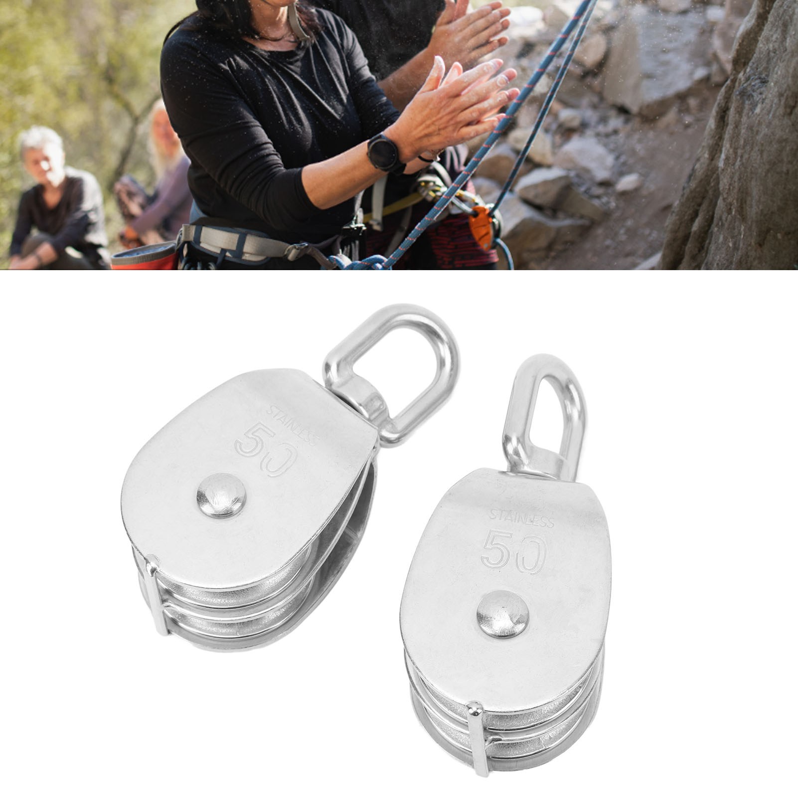 Zwei M50-doppelrollen Zu Verkaufen. Diese Doppelrollen Sind Aus Edelstahl Gefertigt Und Robuste Drehrollen Für Seilkrane, Die Zum Heben Von Seilen Mit Einer Tragfähigkeit Von 400 Kg Verwendet Werden.