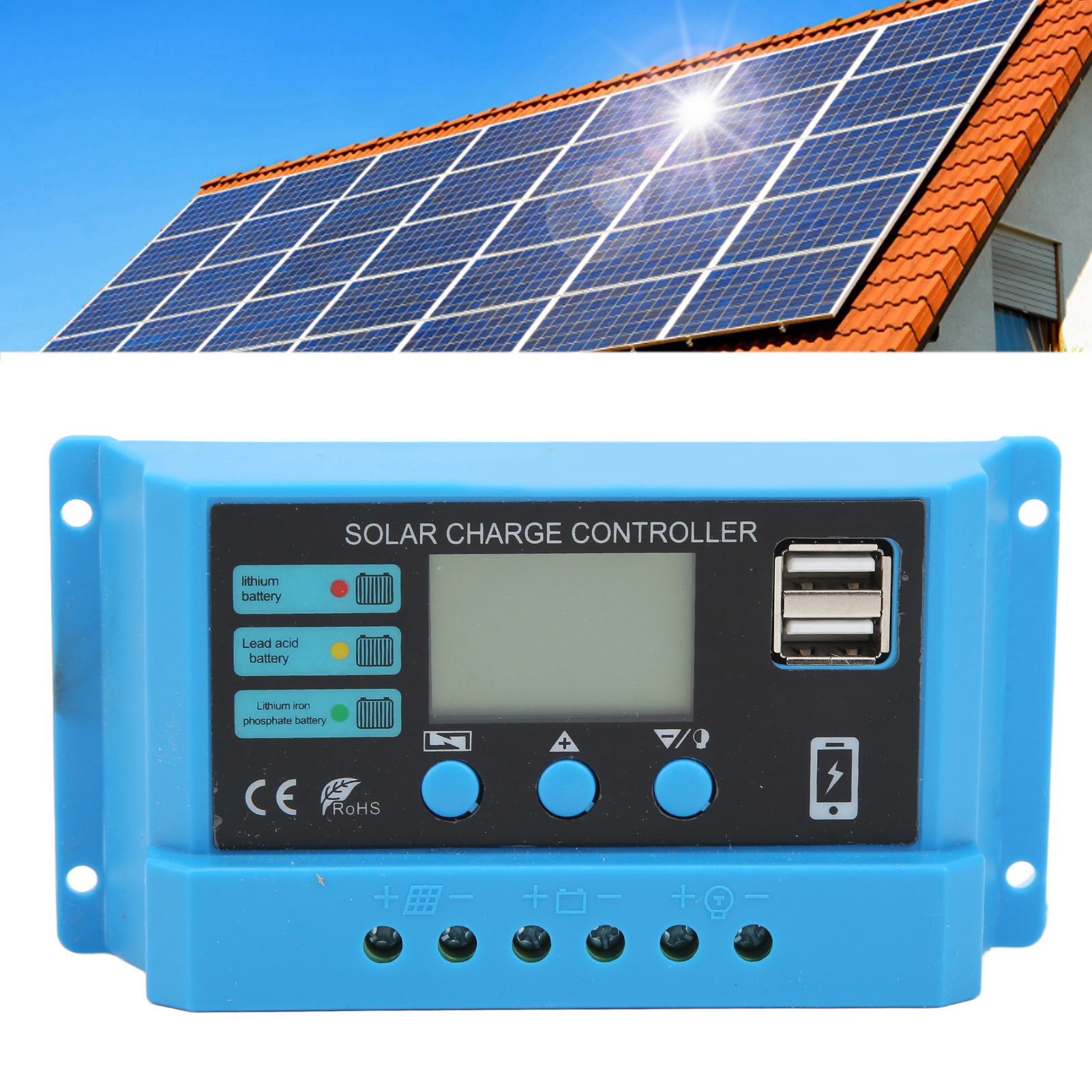 Solarladeregler Für Lithium-ionen-bleiakkumulatoren, Blaues Modell, Mit Lcd-bildschirm, Adaptiv 12v/24v, 30a.