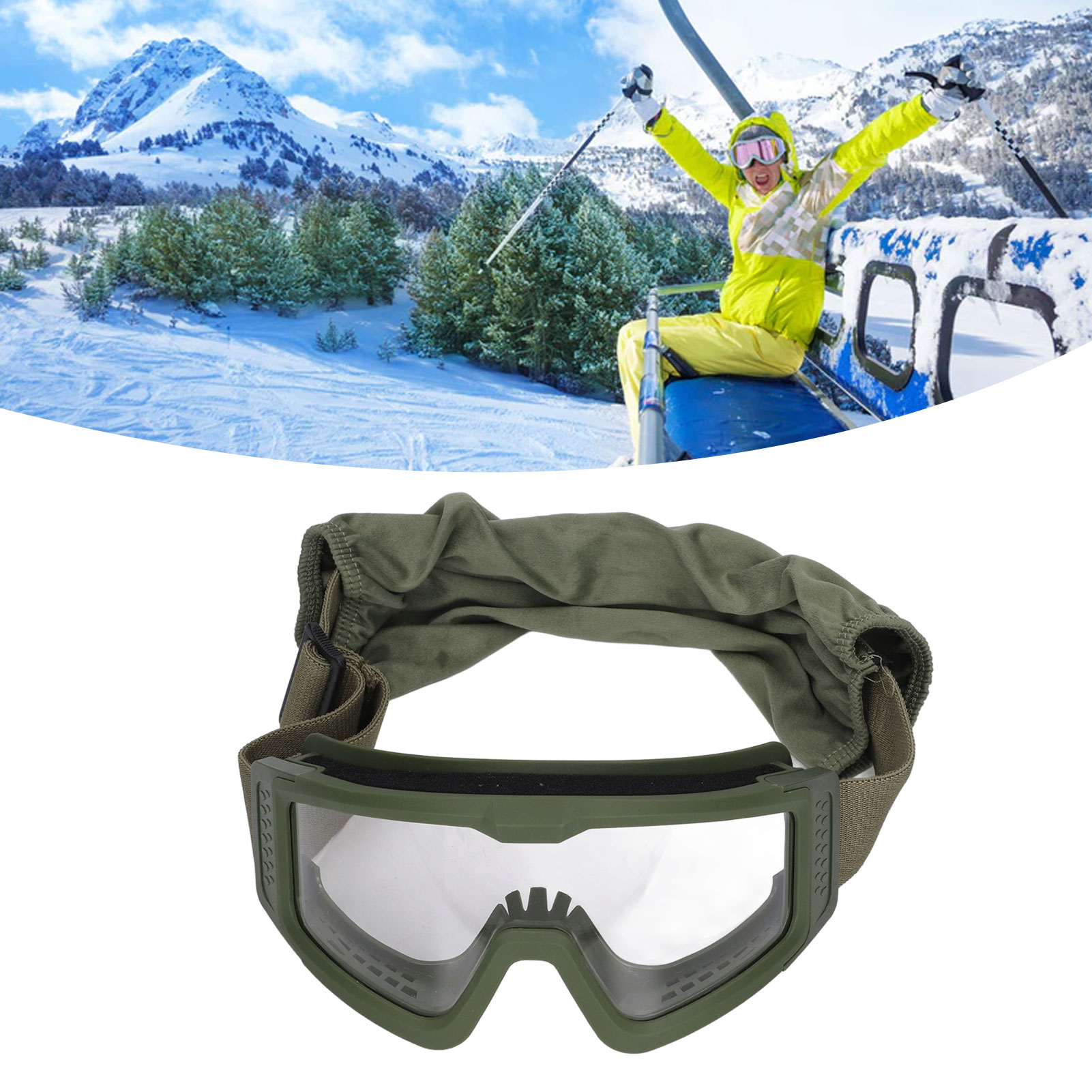 Verstärkte Schutzbrille, Stoßfest Und Mit Uv-schutz, Mit Klaren, Grauen Und Behandelten Gelben Gläsern Sowie Einem Grünen Rahmen.