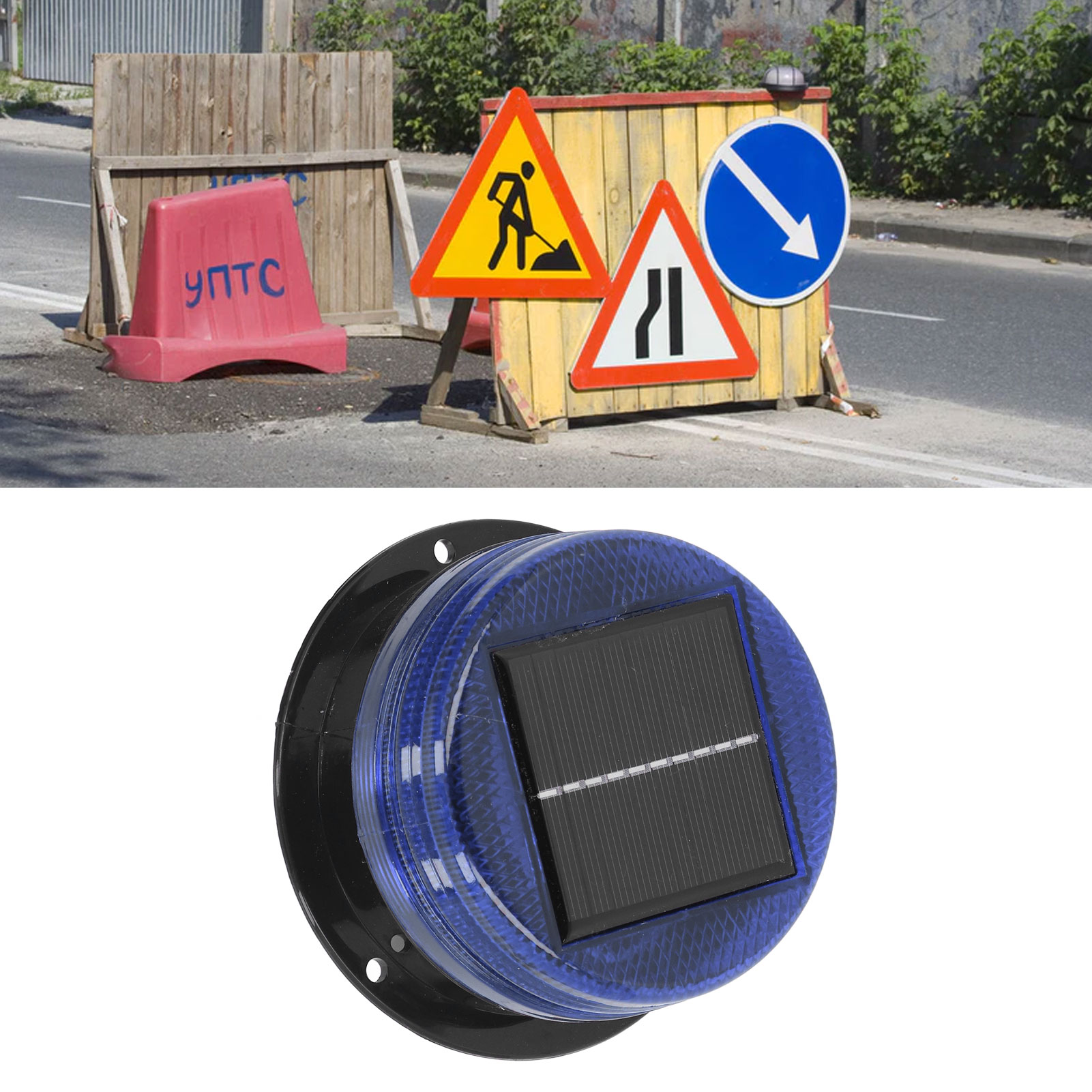 Solarbetriebene Blinklichtleuchte Für Mehr Sicherheit Auf Baustellen, Blinkendes Verkehrssignallicht, Blaues Licht.