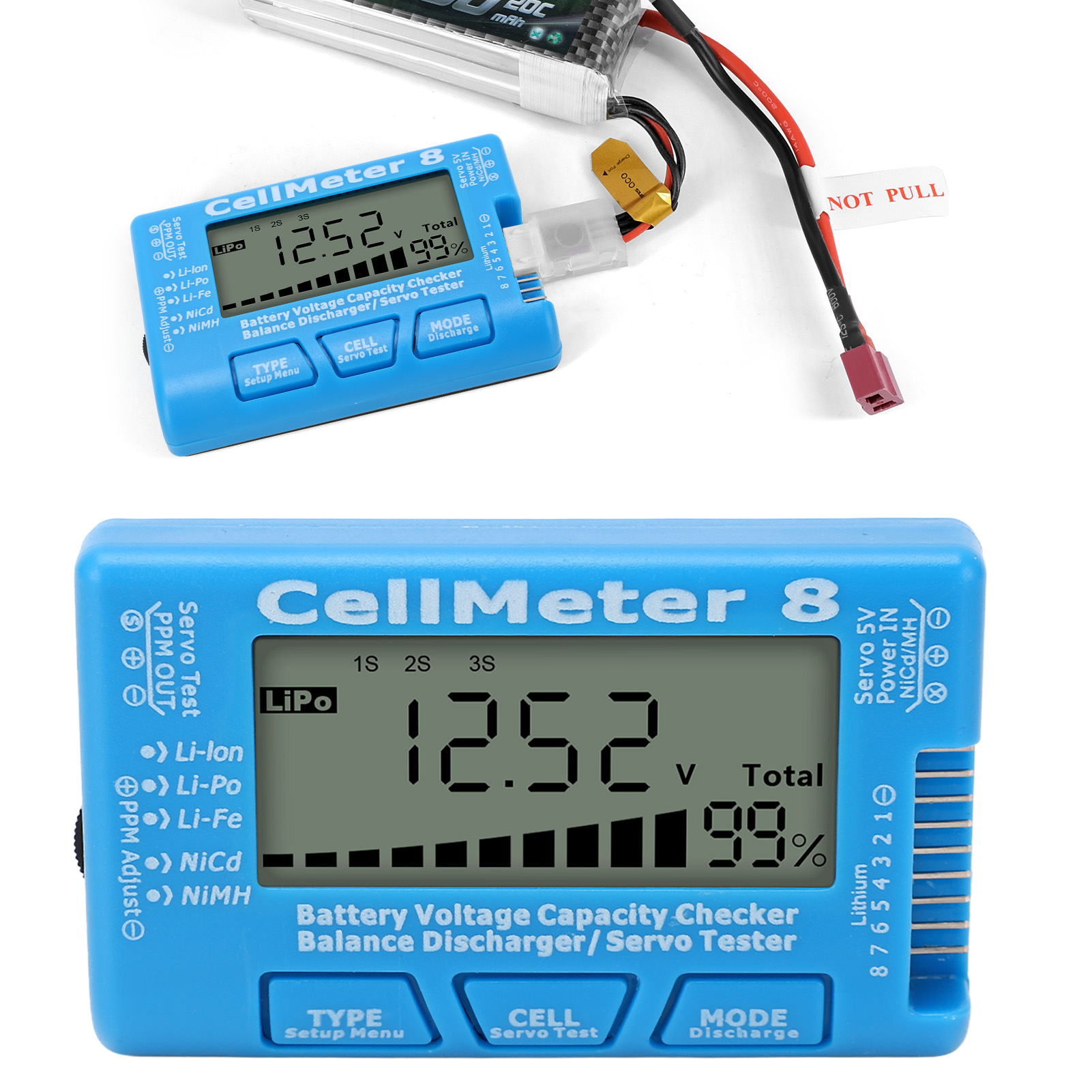 Batteriedetektor, Balancerentlader, Servotester, Blau