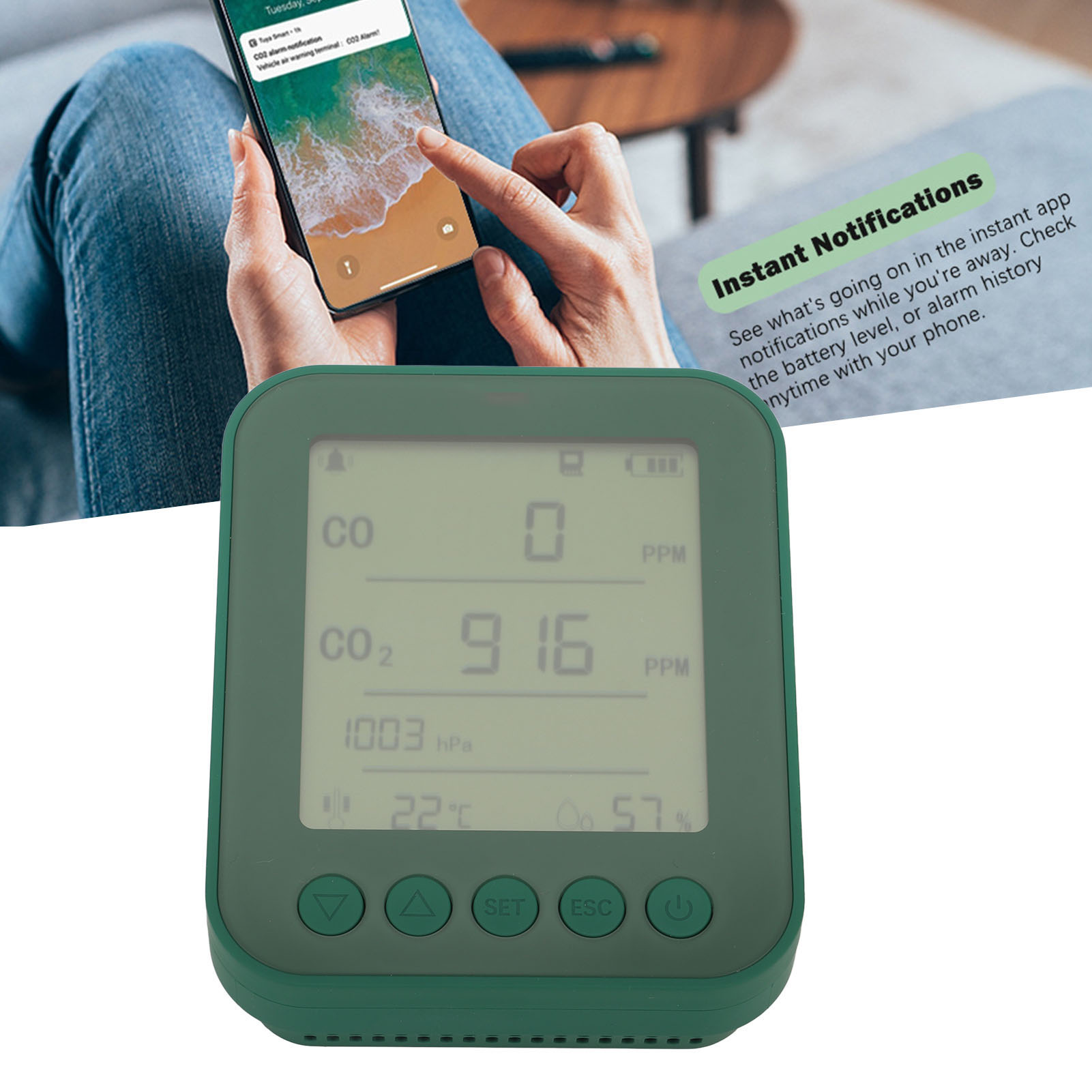 Dunkelgrüner Pt04-gasdetektor Für Wohnmobile, 7-in-1: Kohlendioxid-barometer, Thermometer Und Hygrometer, 5 V