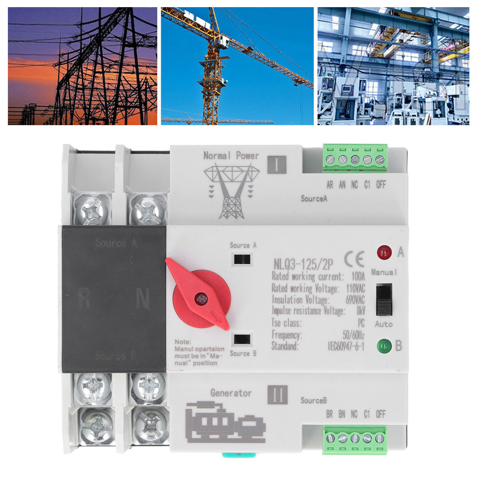 Automatischer Umschalter Für 110 V Ac, 100 A, Dualstrom, Unterbrechungsfreie Stromversorgung Mit Millisekunden-schaltzeit, 50/60 Hz Zeitverzögerungs-umschaltsteuerung, Netz-/generatorbetrieb