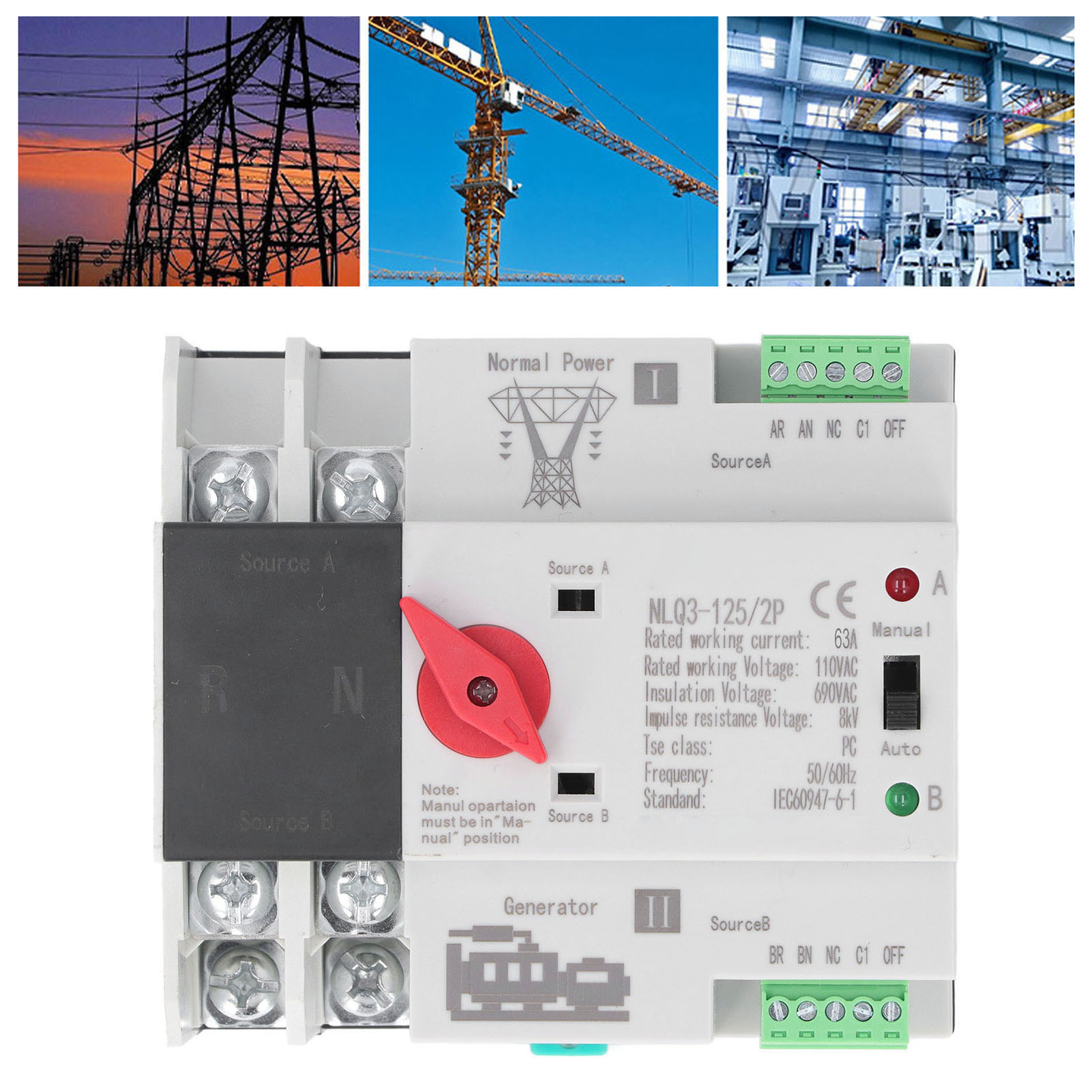 Nlq3-125/2p Ac110v 63a Automatischer Dual-power-umschalter, Millisekunden-schalttimer, 50/60 Hz Usv-umschalter-controller, Ac-zu-generator-modell