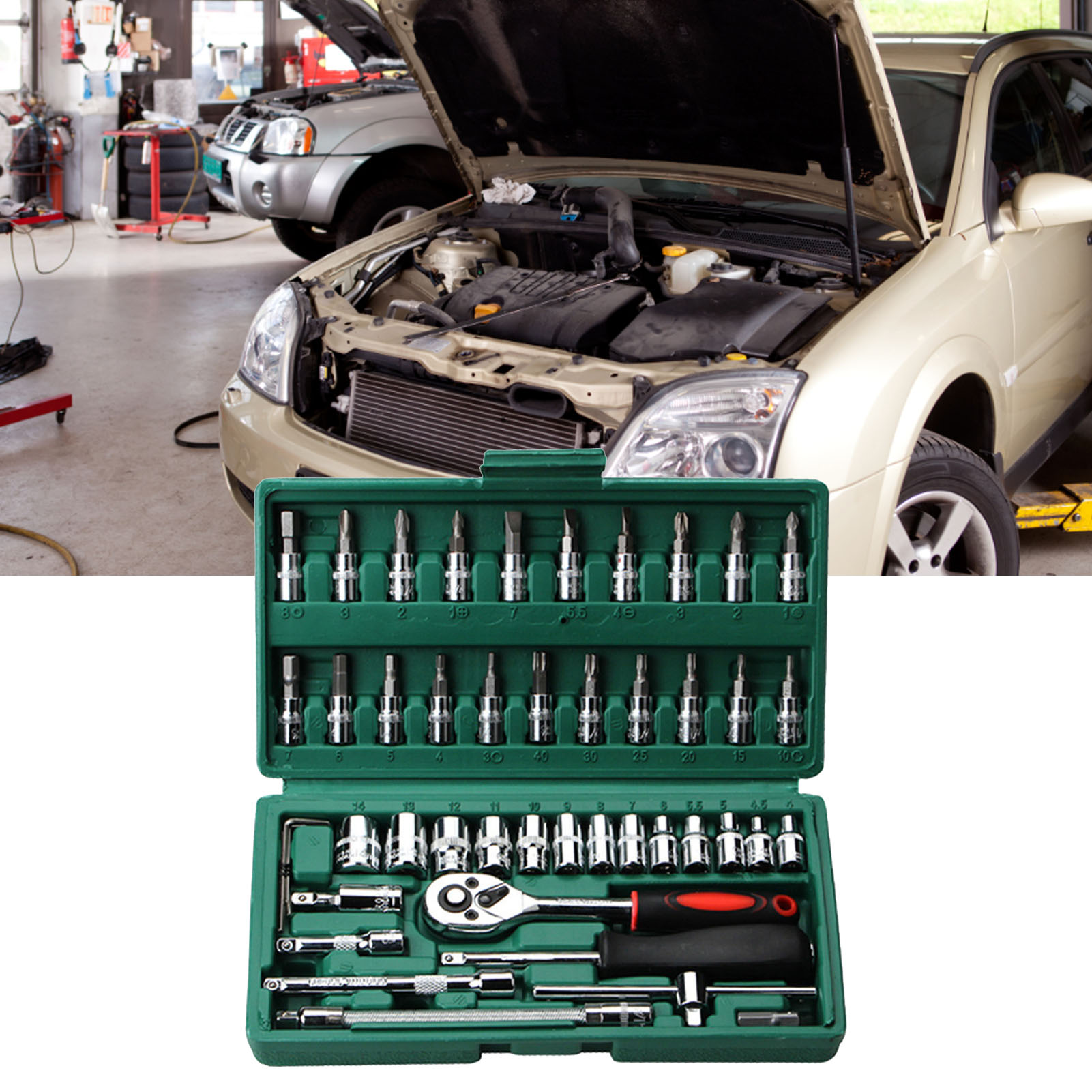 Kfz-reparaturset, 46-teiliger Kombinations-steckschlüsselsatz, Kombinationsschlüssel, Steckschlüsselsatz, Autoreparaturset – Grüne Box