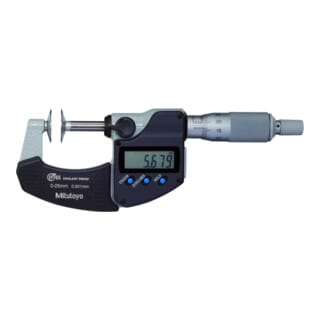 Digitale Bügelmessschraube IP65 für Zahnweitenmessungen, 0-25 mm, Scheibe=20 mm - Mitutoyo