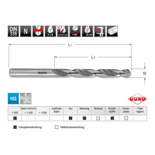 Din 338 Typ n hss Spiralbohrer, Ø10mm Ruko 2144100