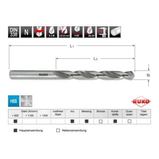 Din 338 Typ n hss Spiralbohrer, Ø13mm Ruko 2144130